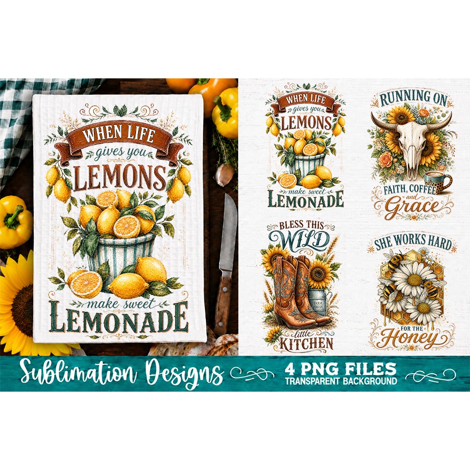 Sunflower Kitchen Towels PNG Sublimation Designs 4 Files (4) 4