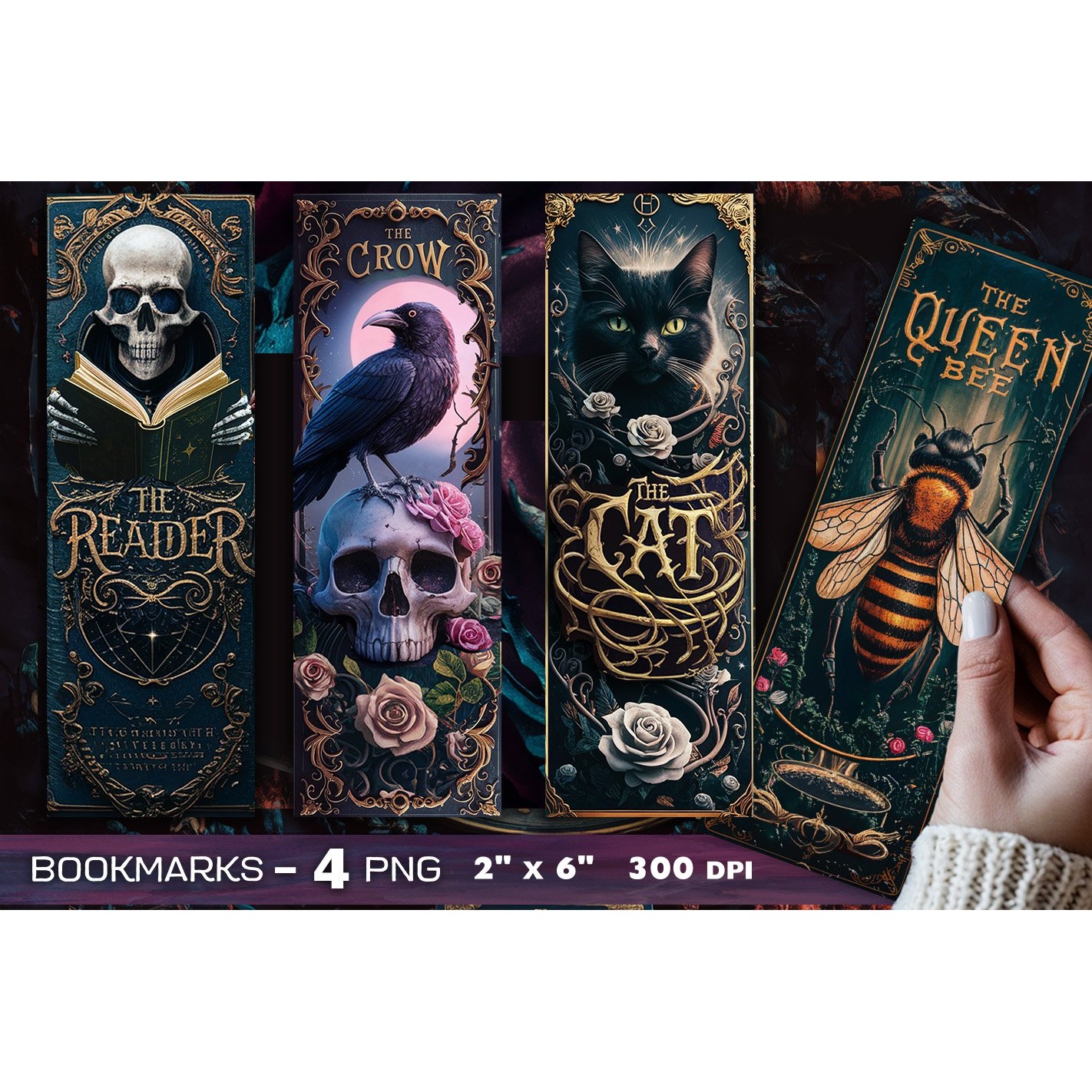 Tarot cards bookmark, The reader, The cat , The crow, Bee