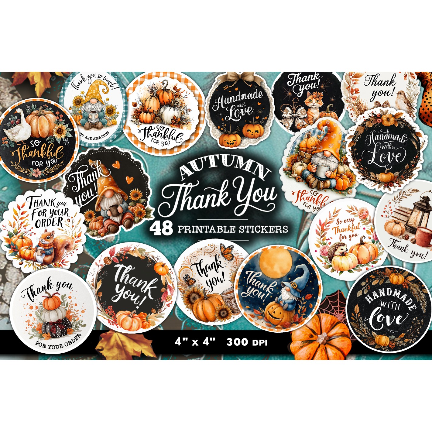 Thank you stickers autumn bundle , 48 stickers printable
