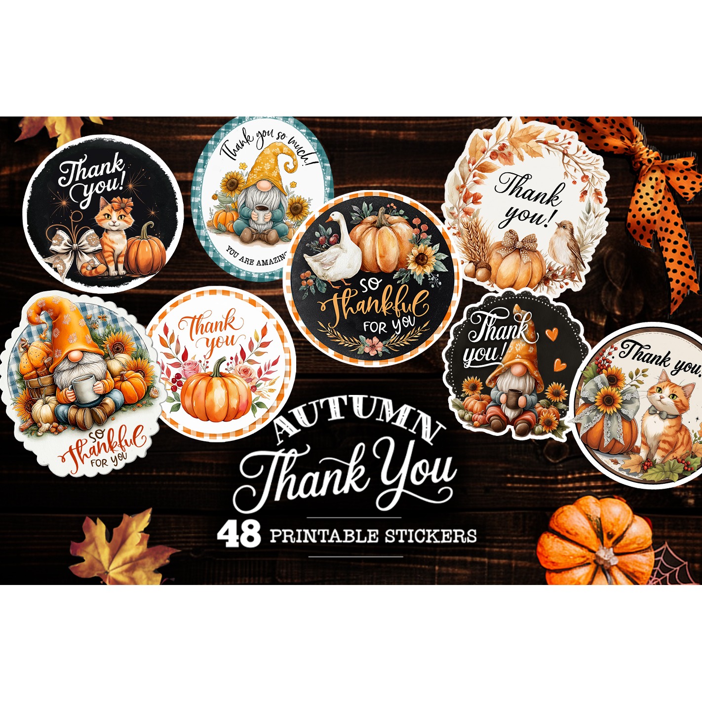 Thank you stickers autumn bundle , 48 stickers printable 2