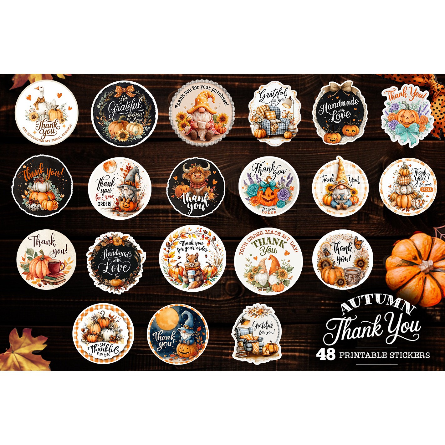 Thank you stickers autumn bundle , 48 stickers printable 3