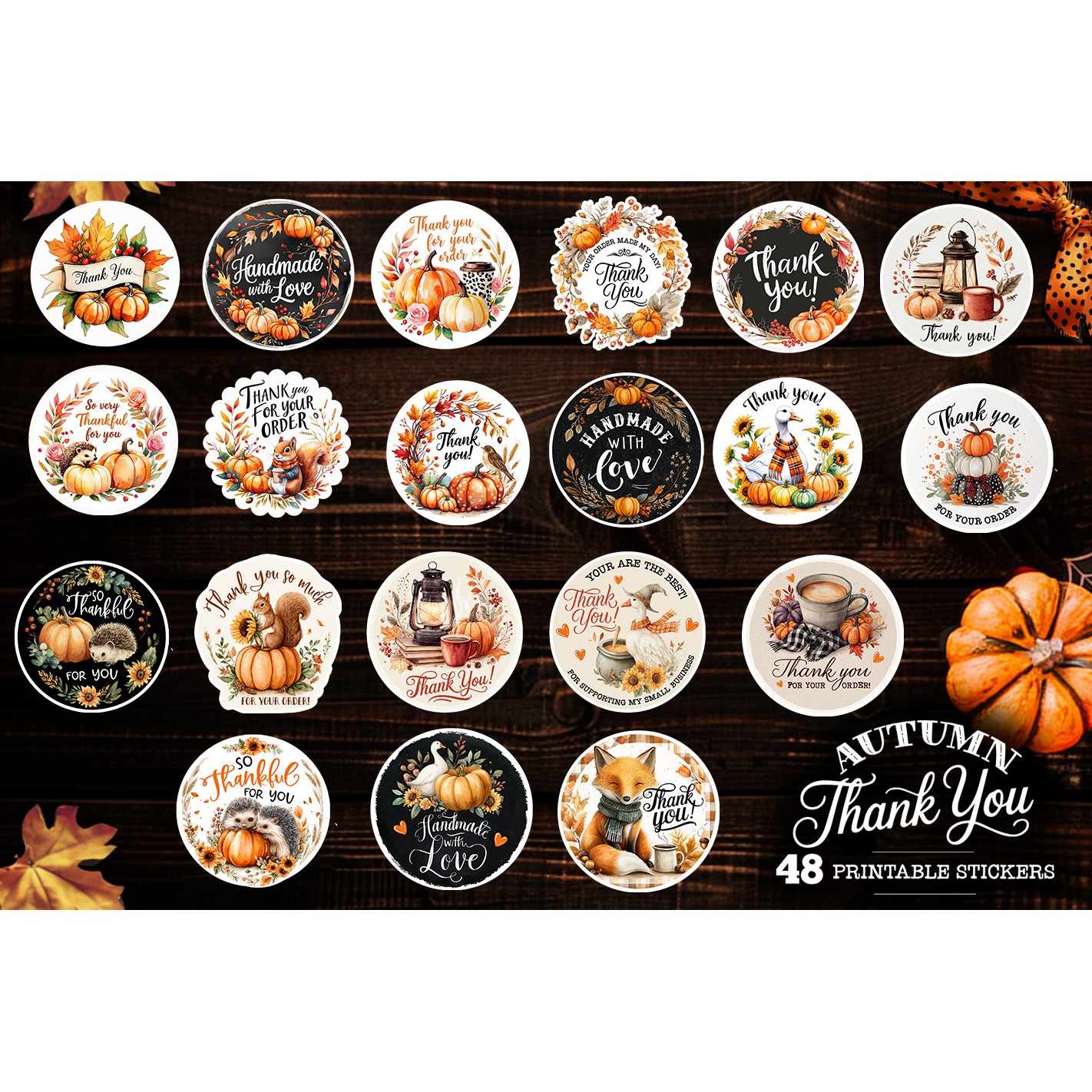 Thank you stickers autumn bundle , 48 stickers printable 4