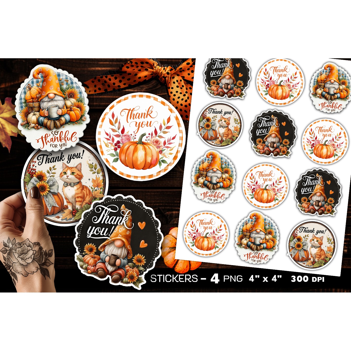 Thank you stickers, autumn stickers, 4 Stickers Printables