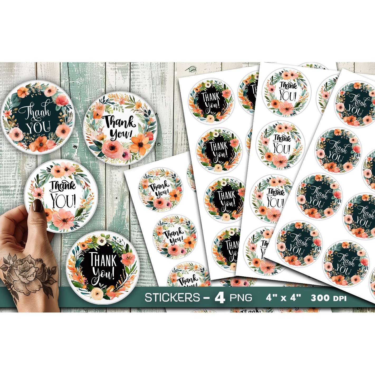 Thank you stickers, boho flowers stickers, Sticker Printable