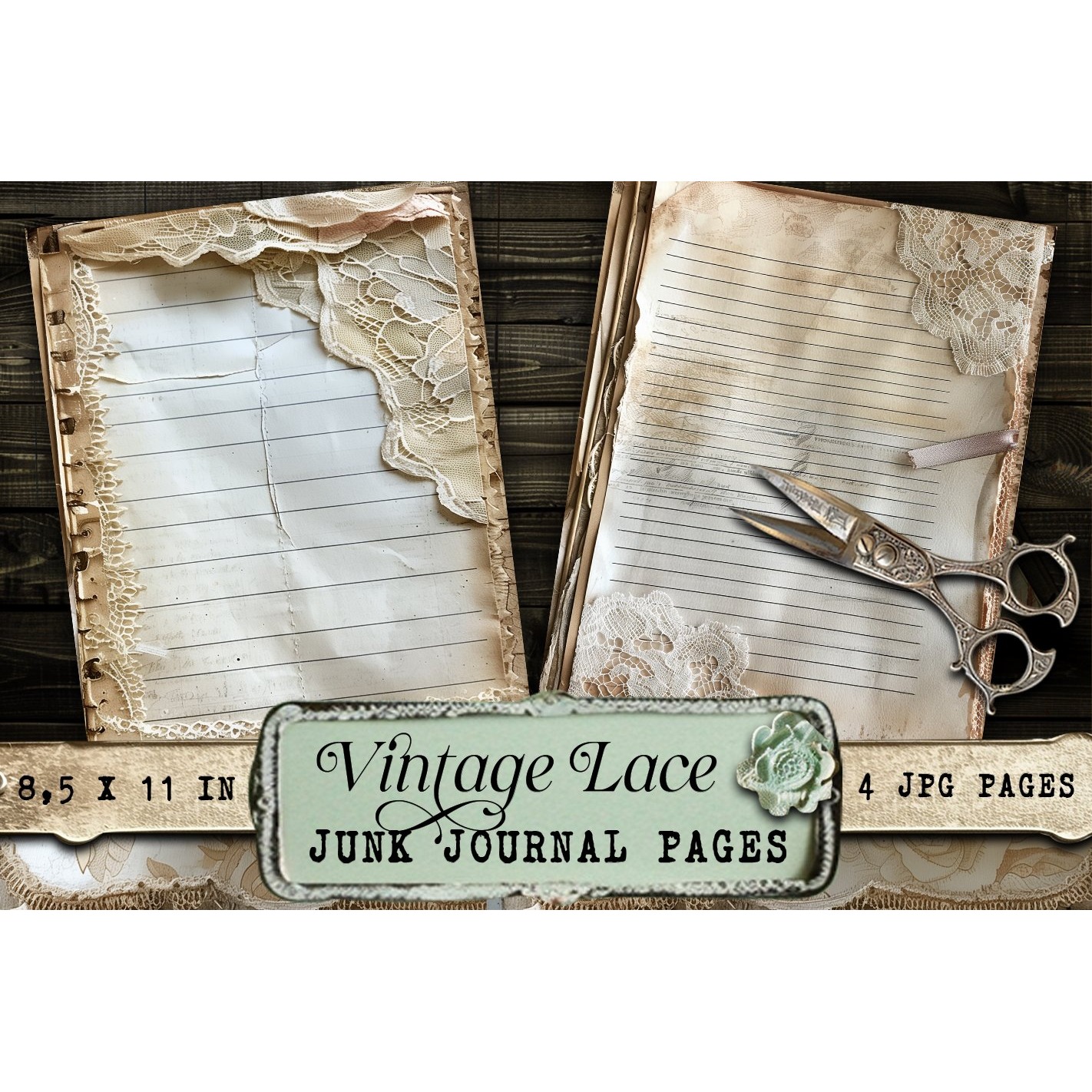 Vintage lace, 4 Junk journal pages