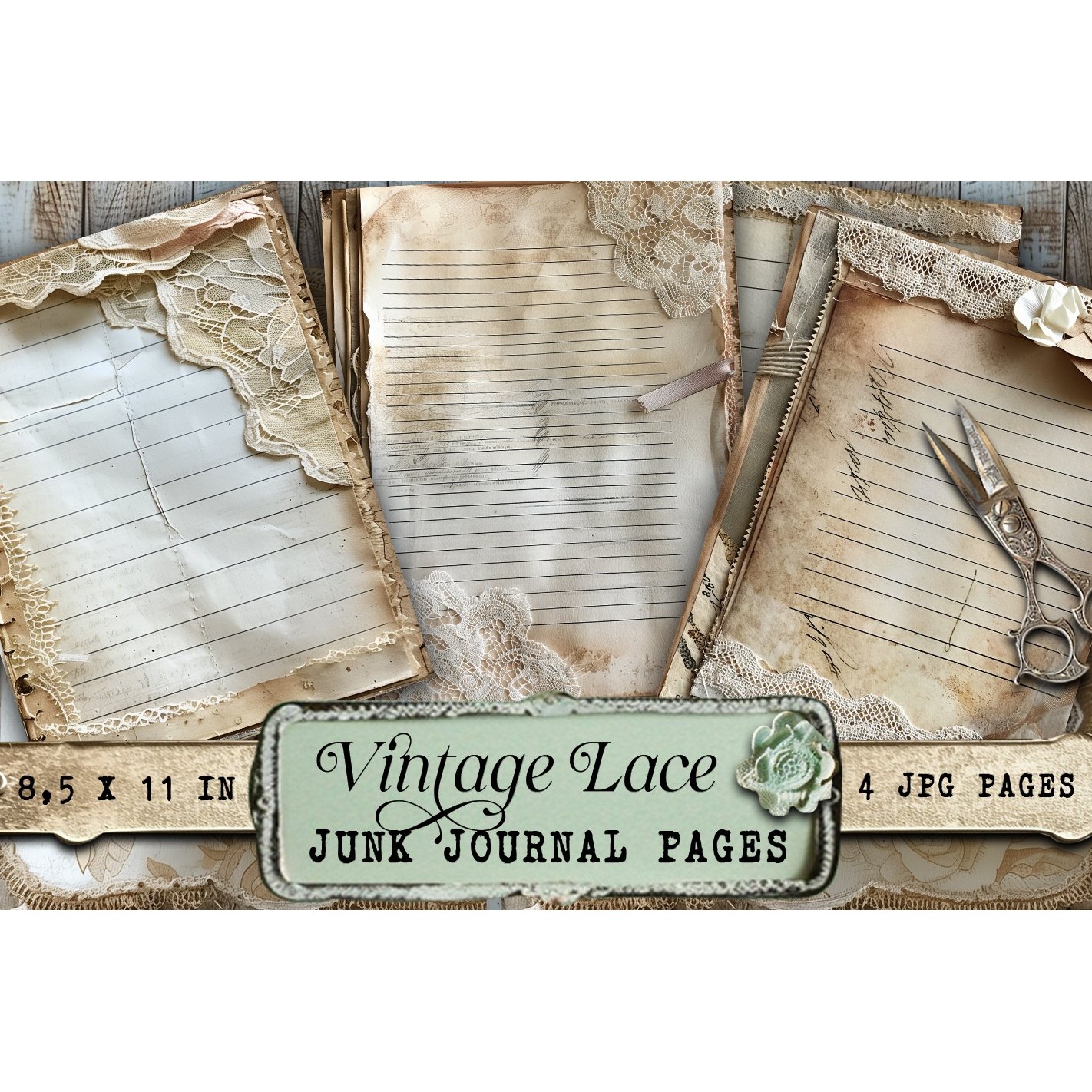 Vintage lace, 4 Junk journal pages 2