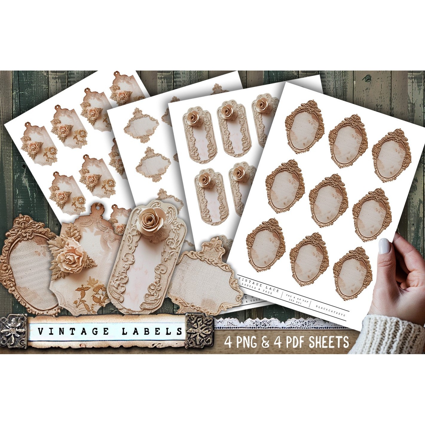Vintage Lace Tags, 4 Junk Journal Victorian embelishments