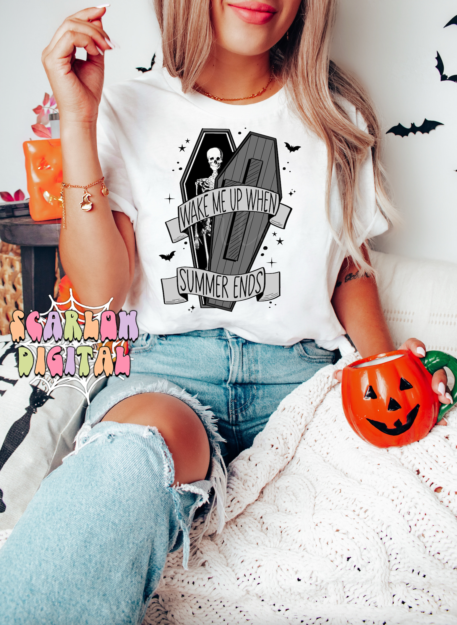 Wake Me Up When Summer Ends PNG-Halloween Sublimation Digital Design Download-skeleton png, coffin png, spooky png, black and grey halloween 2