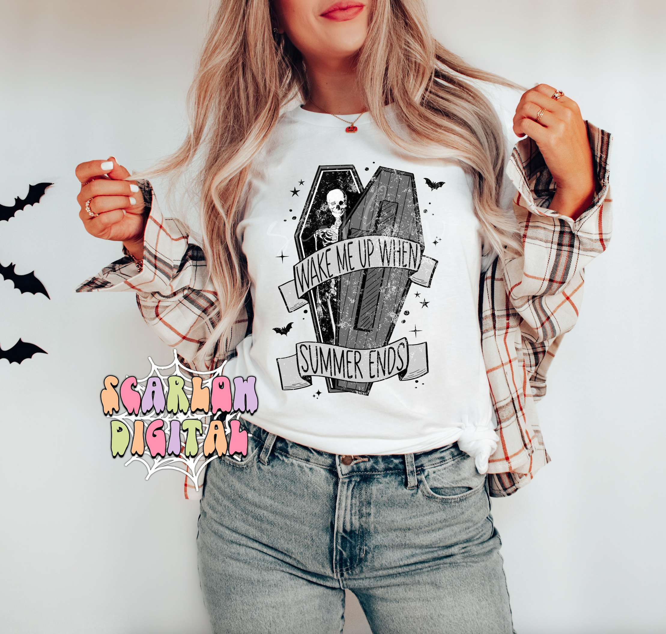 Wake Me Up When Summer Ends PNG-Halloween Sublimation Digital Design Download-skeleton png, coffin png, spooky png, black and grey halloween 3