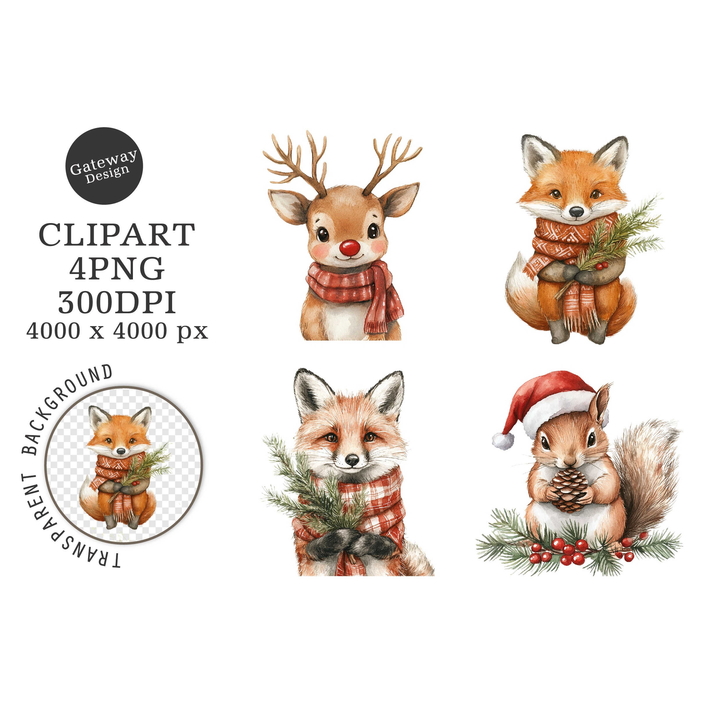 Watercolor Christmas Animal Clipart