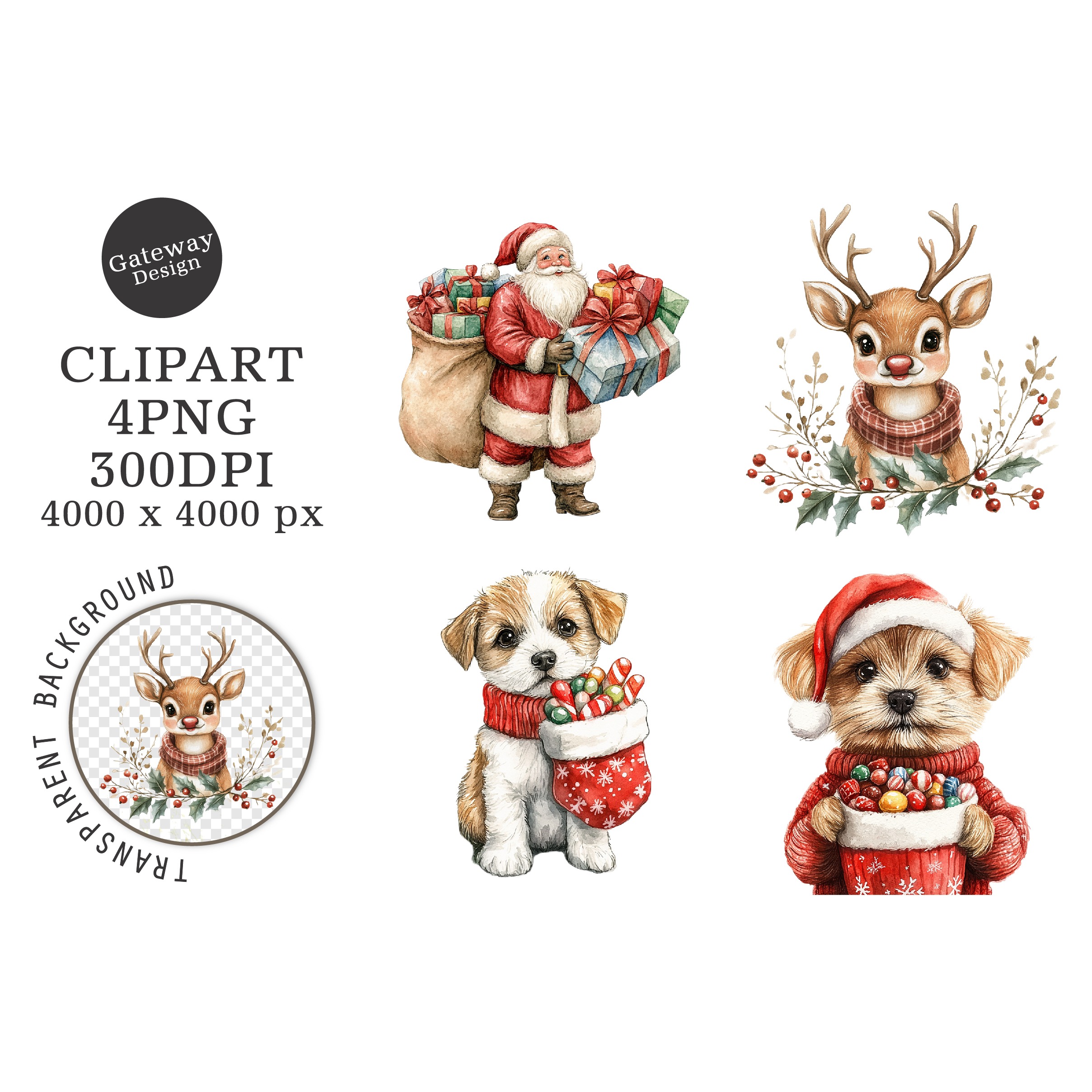 Watercolor Christmas Animal Clipart (2)
