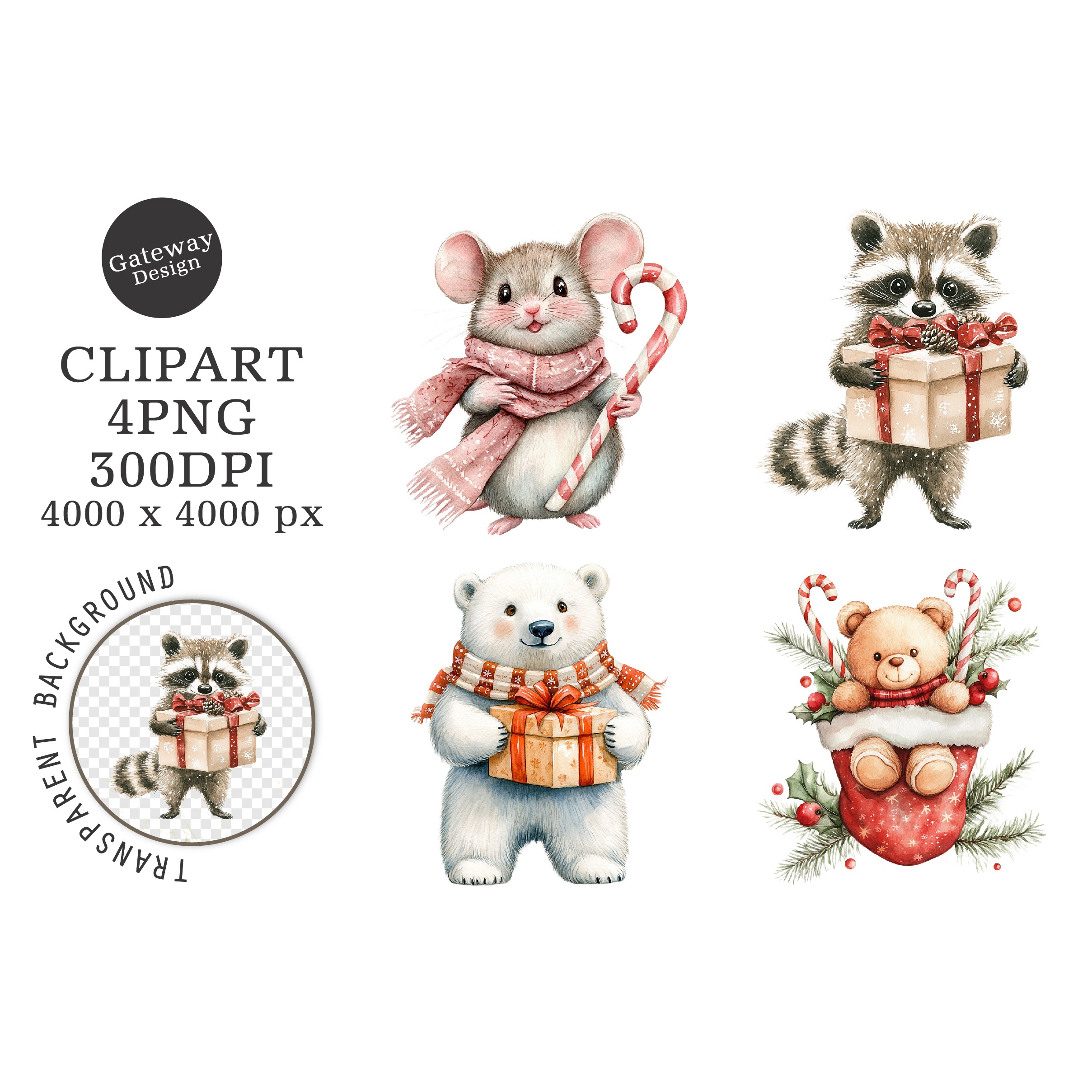 Watercolor Christmas Animal Clipart (3)