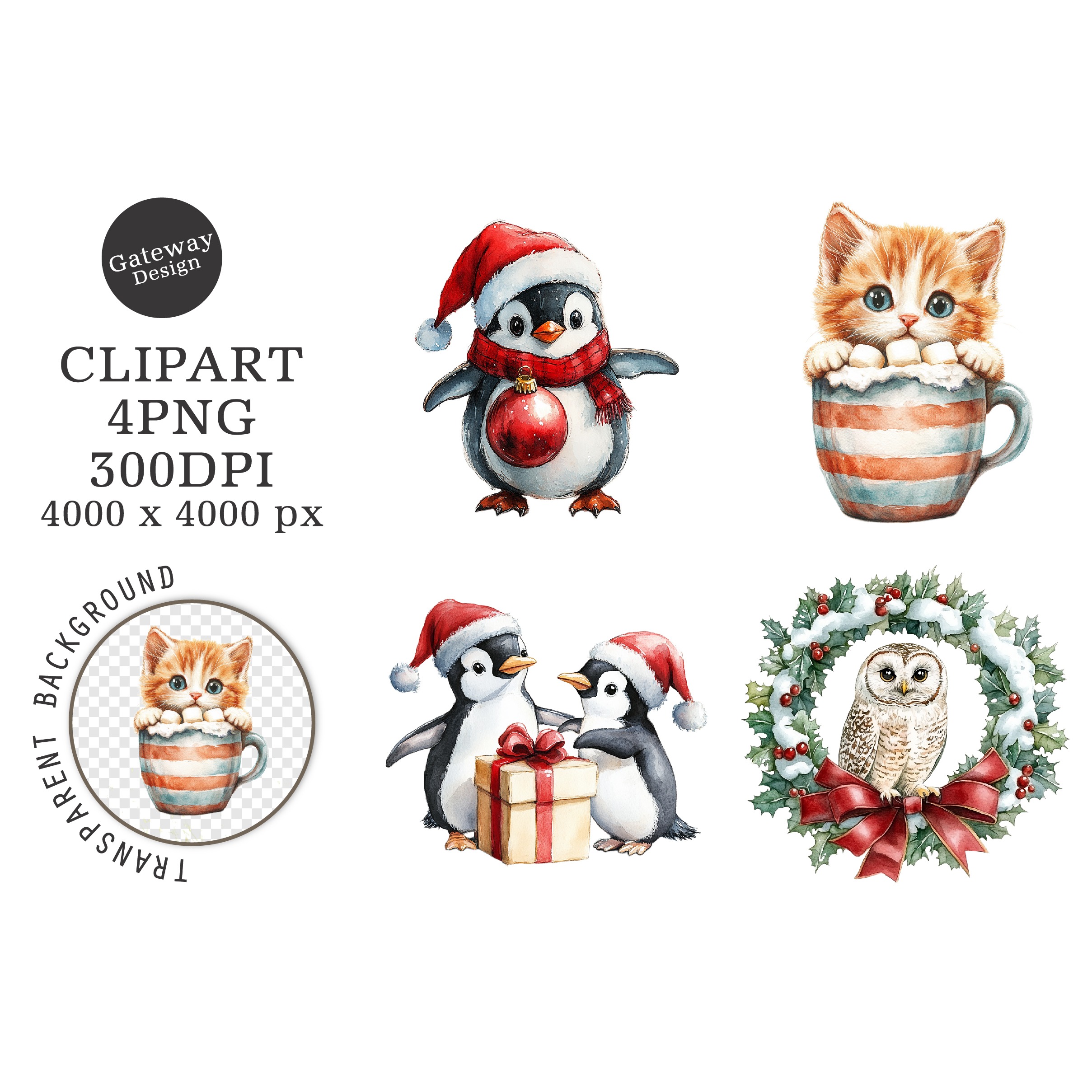 Watercolor Christmas Animal Clipart (4)