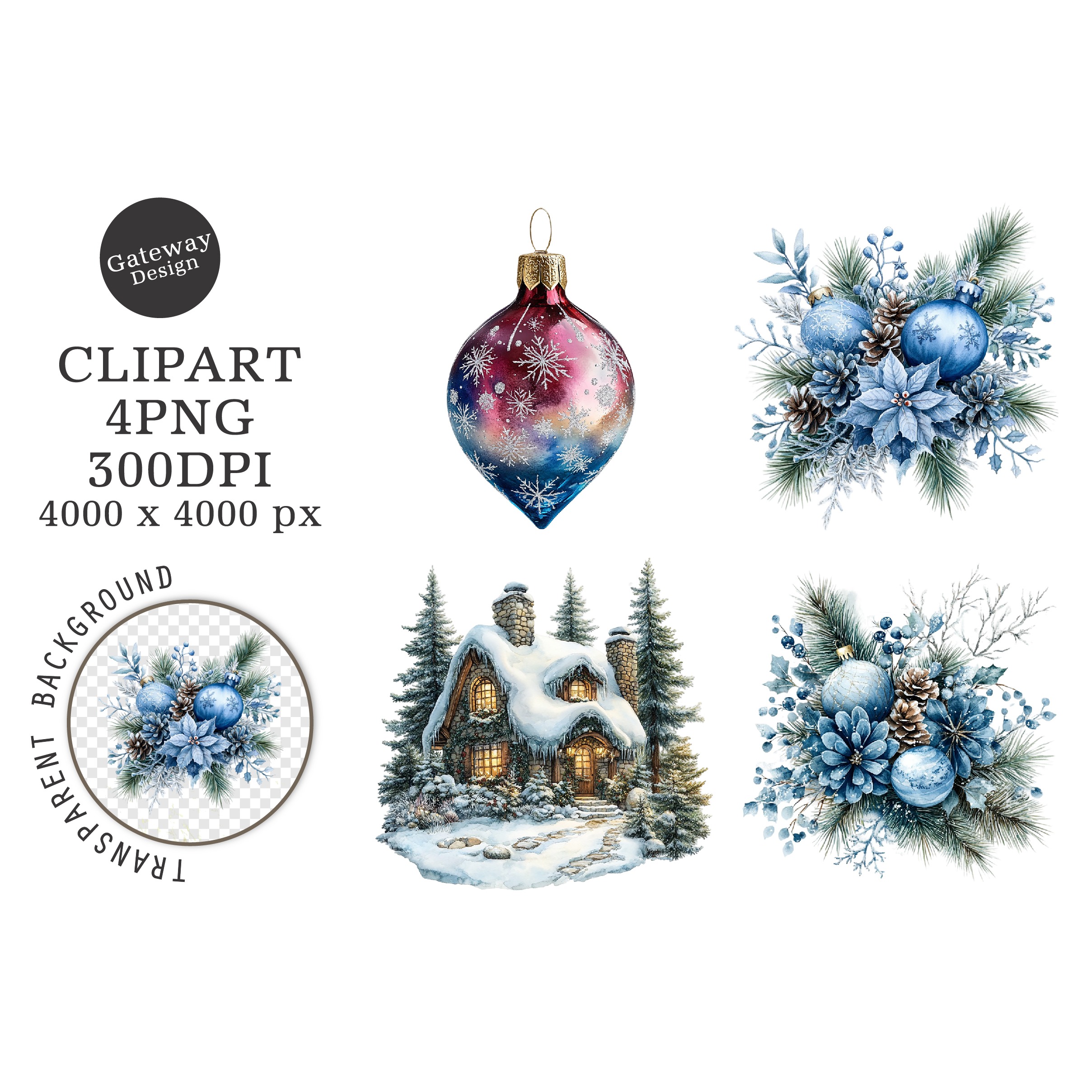 Watercolor Christmas Blue Clipart (10)