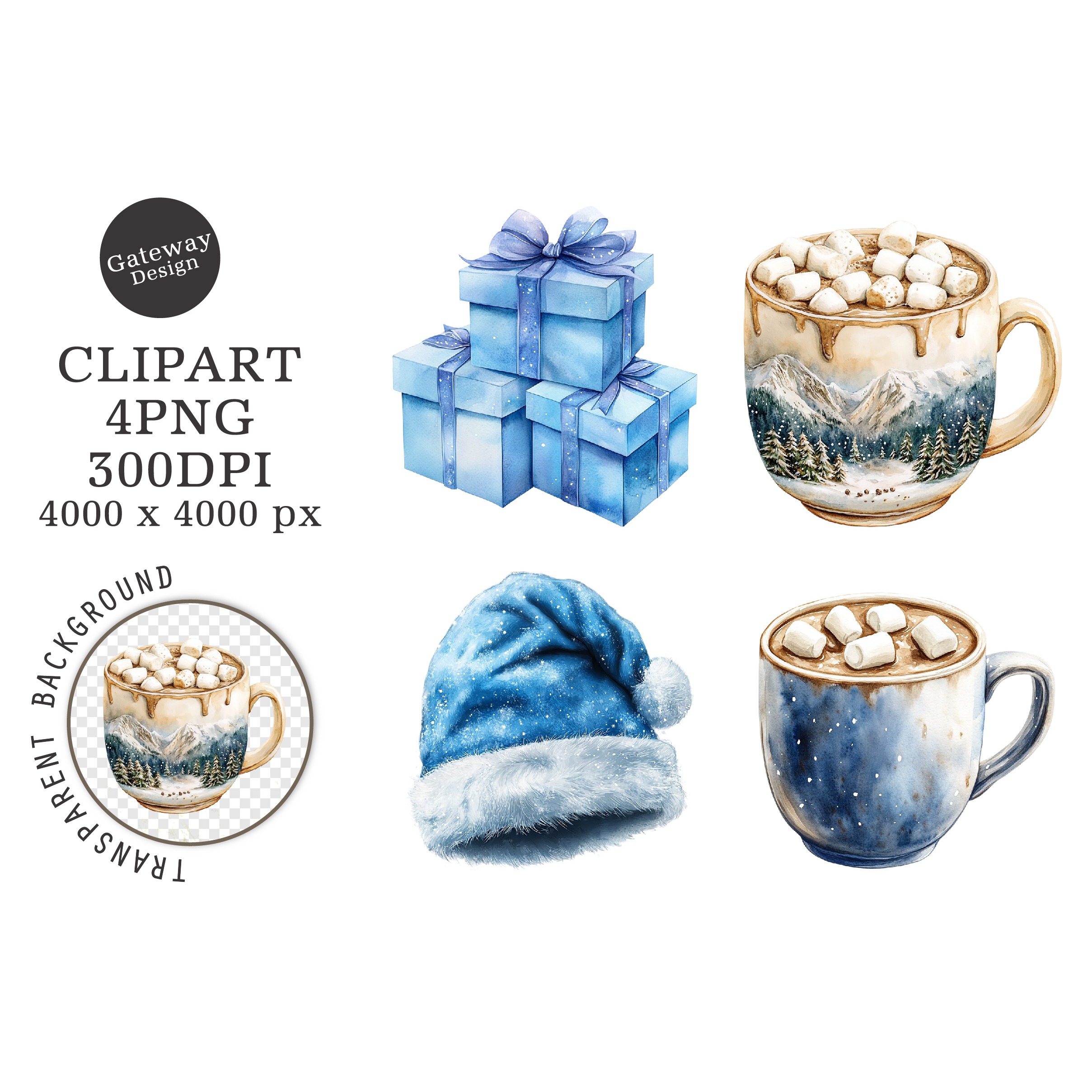Watercolor Christmas Blue Clipart (11)