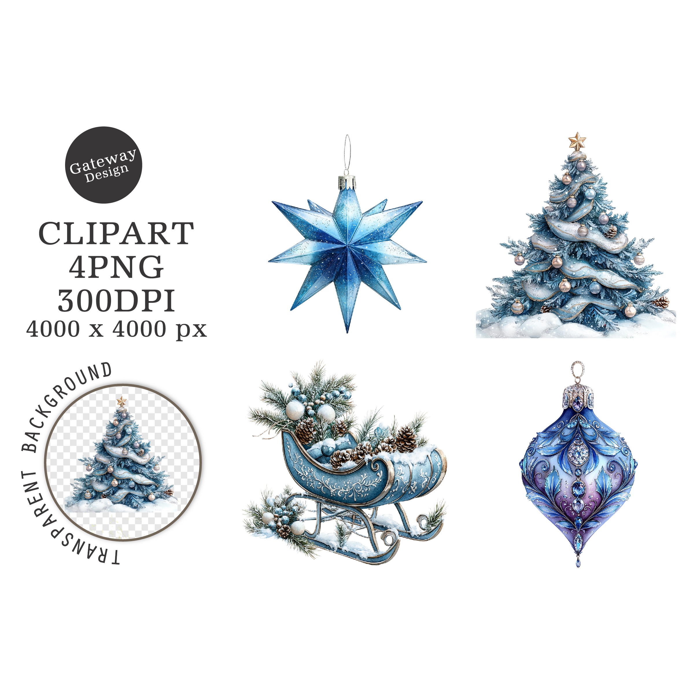 Watercolor Christmas Blue Clipart (2)