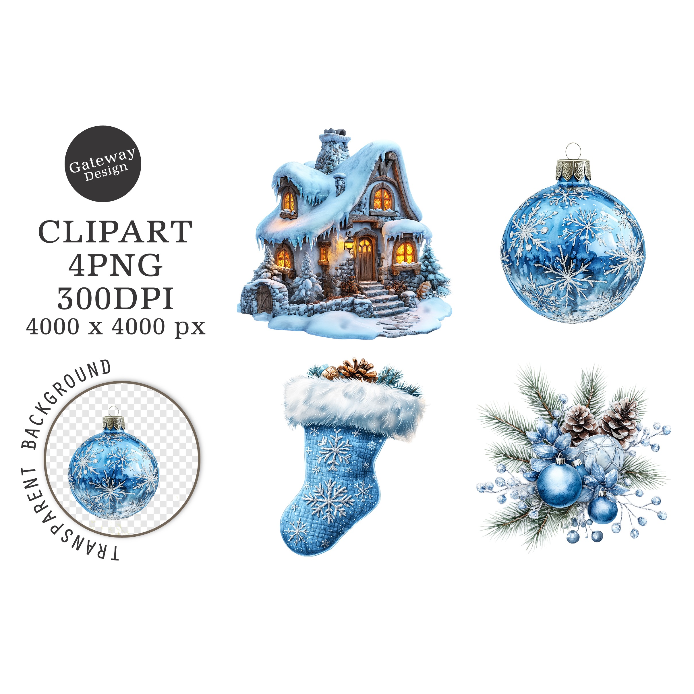 Watercolor Christmas Blue Clipart (3)