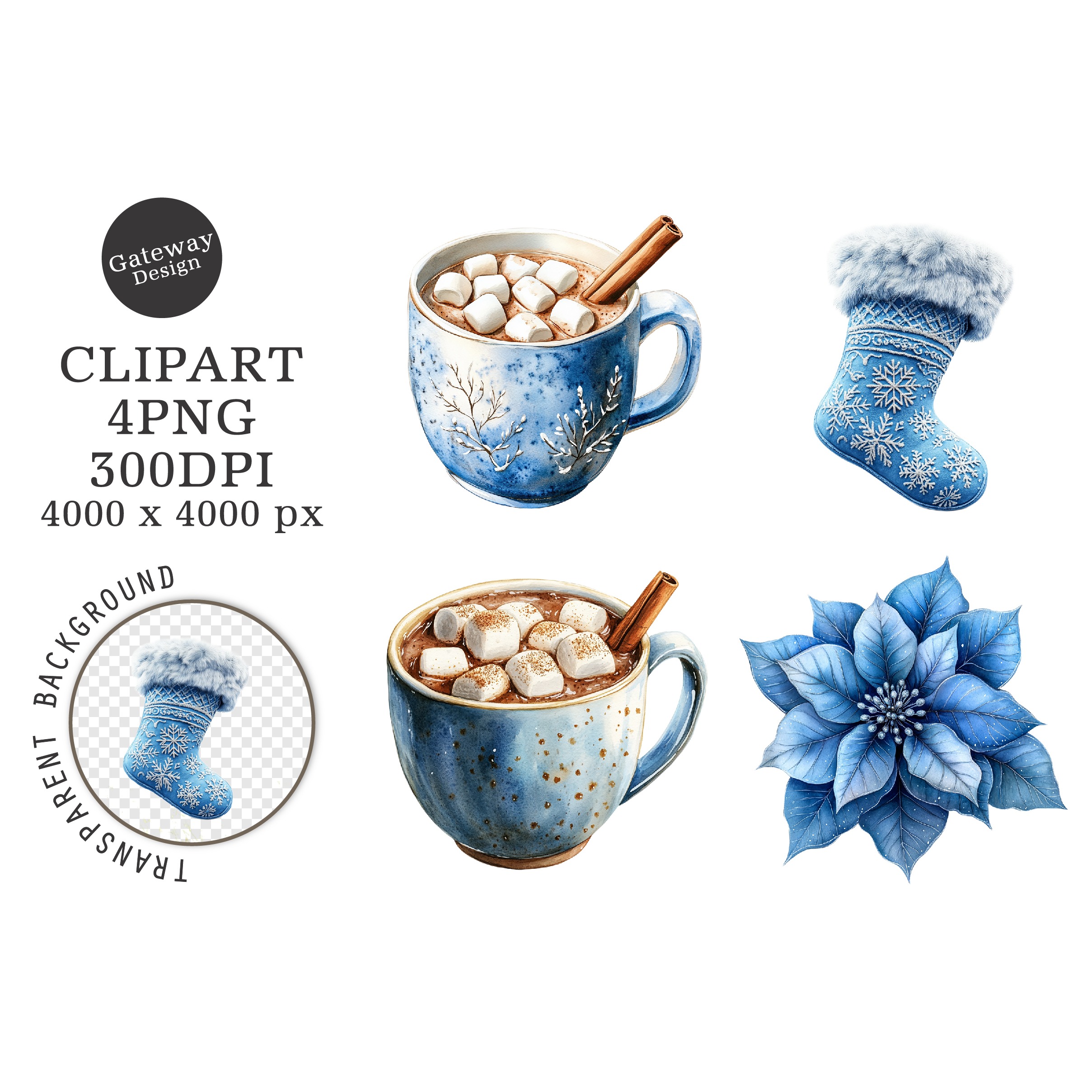 Watercolor Christmas Blue Clipart (4)