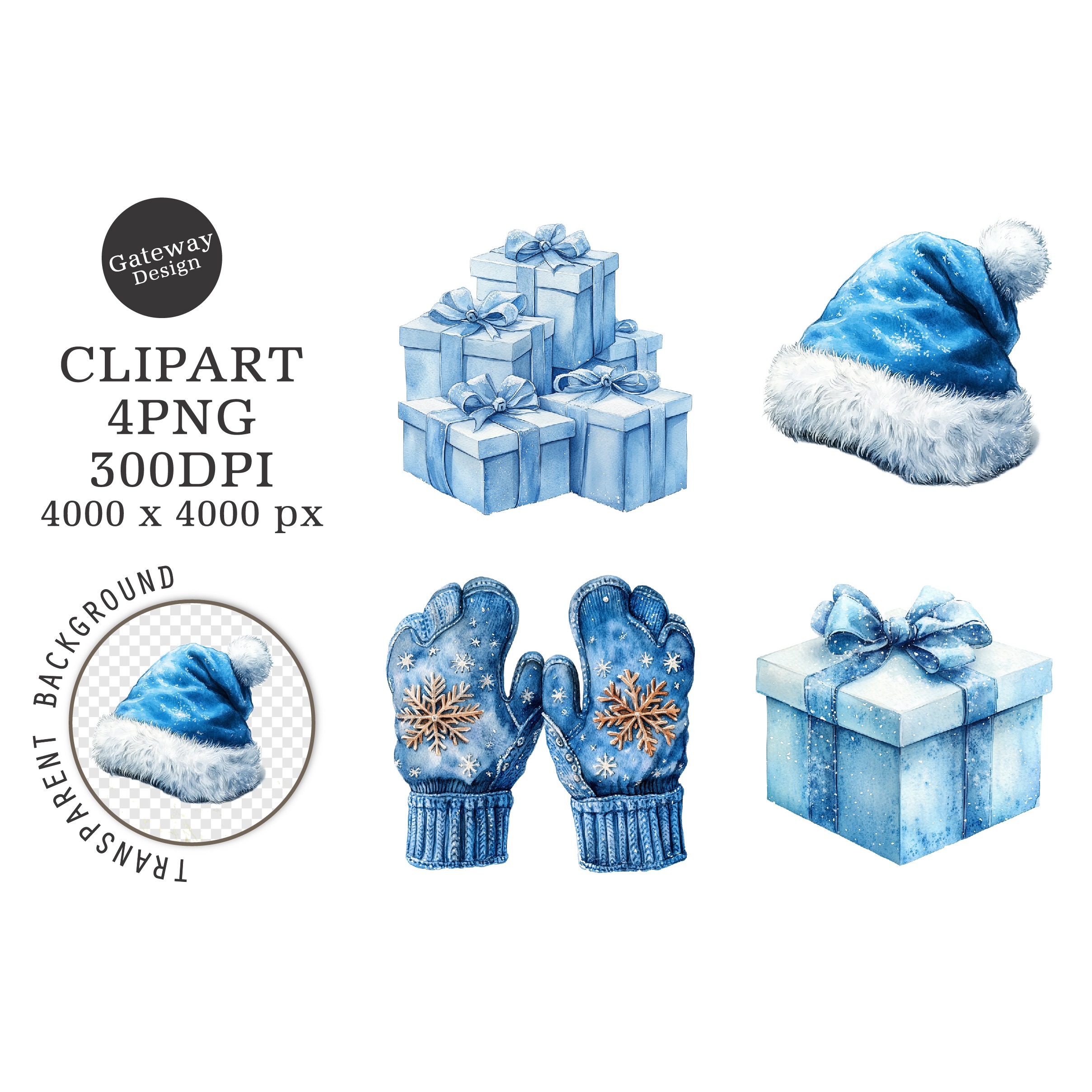 Watercolor Christmas Blue Clipart (5)