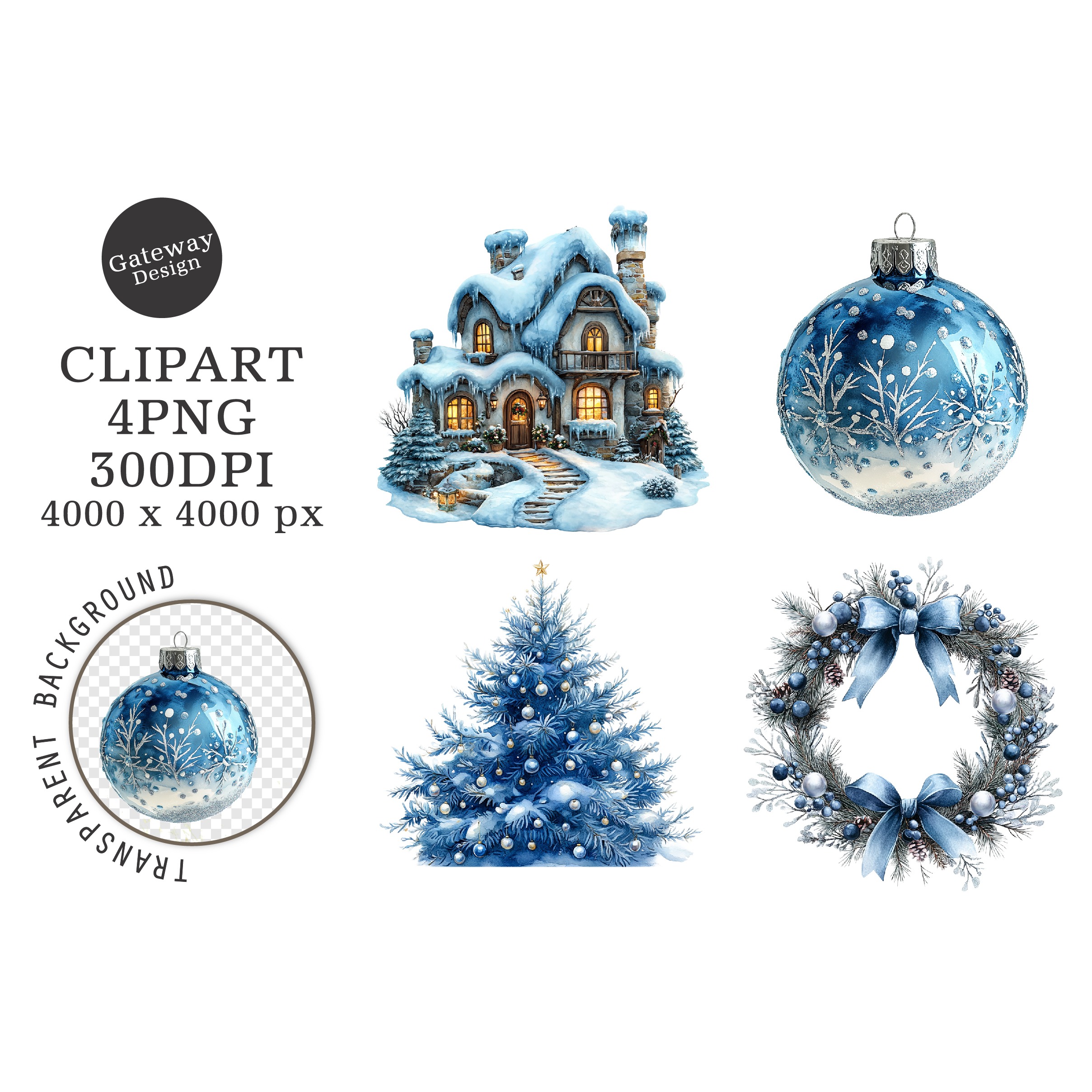 Watercolor Christmas Blue Clipart