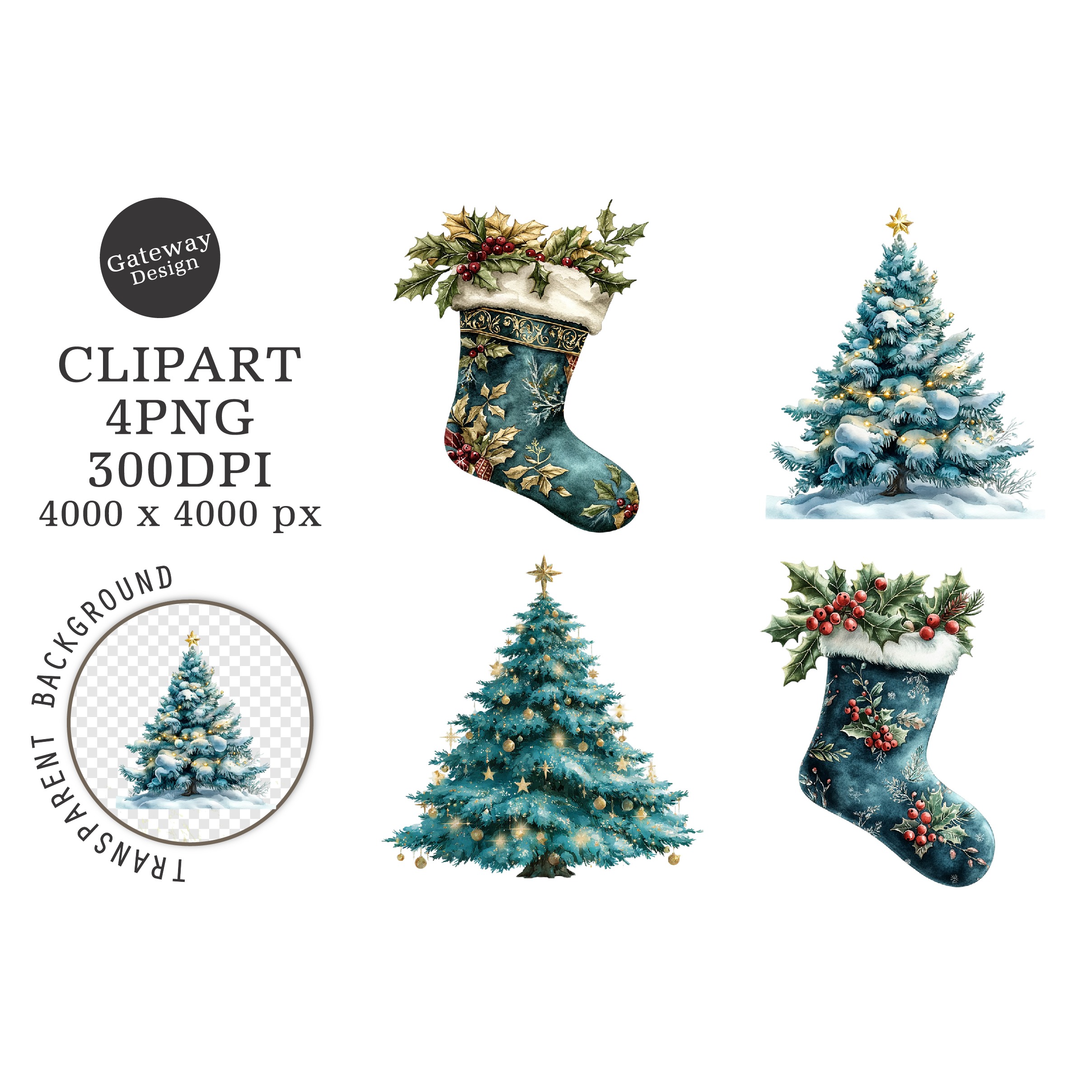 Watercolor Christmas Blue Clipart (6)