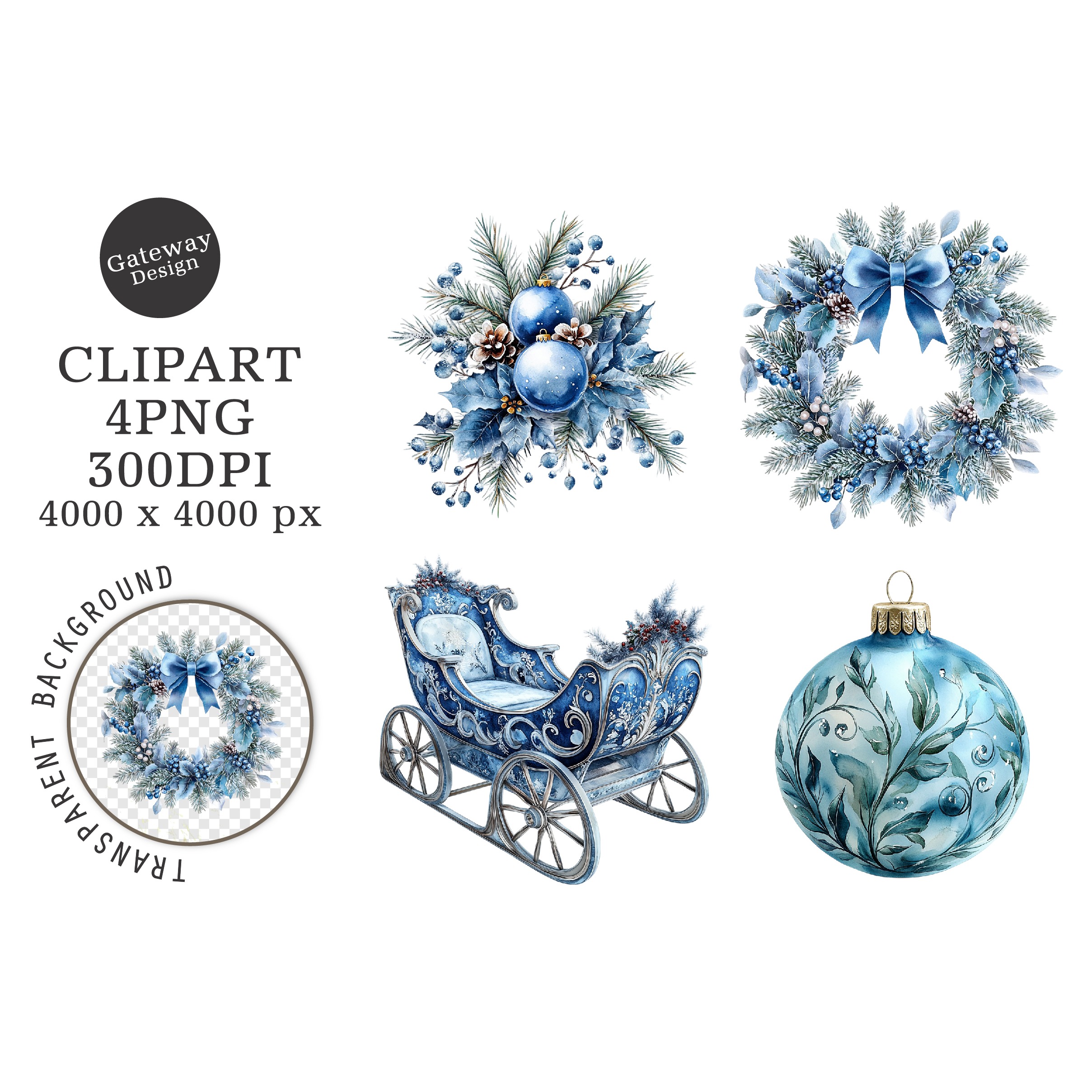 Watercolor Christmas Blue Clipart (9)