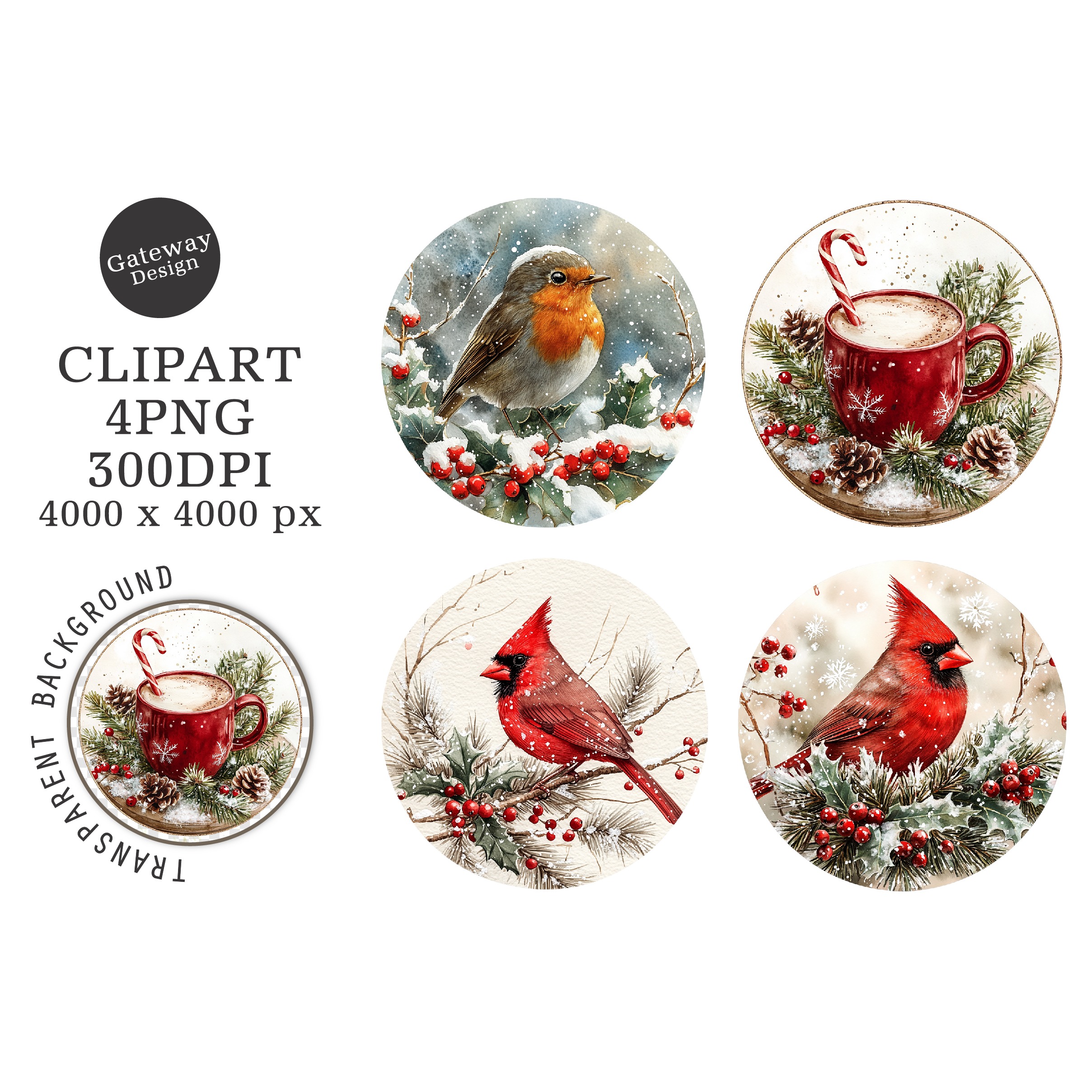 Watercolor Christmas Coaster Clipart
