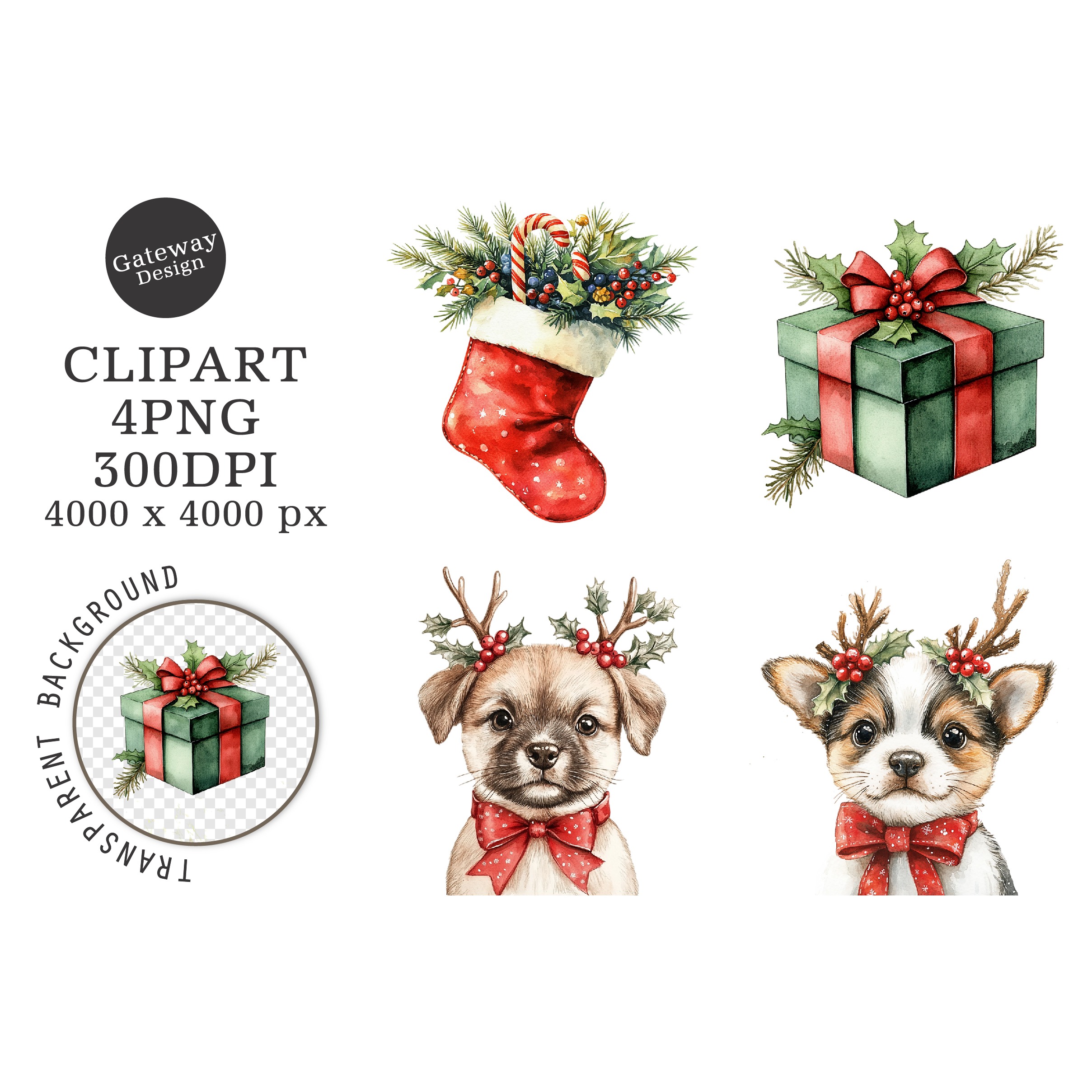Watercolor Christmas Dog Clipart (4)