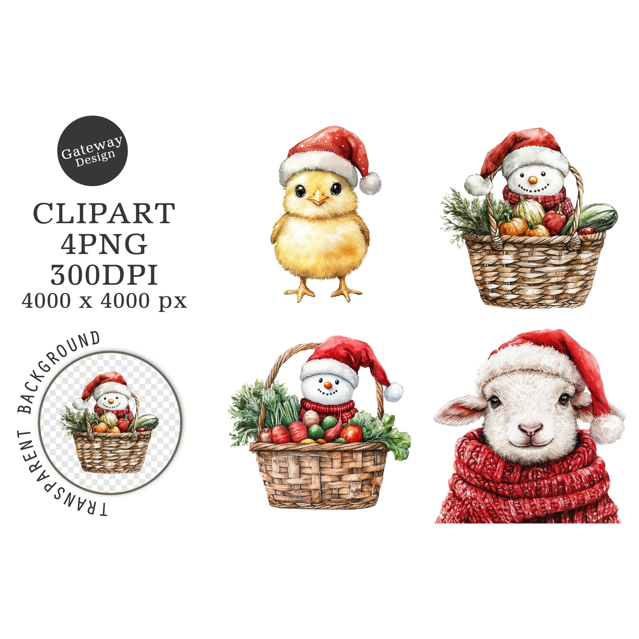 Watercolor Christmas Farm Animals Clipart