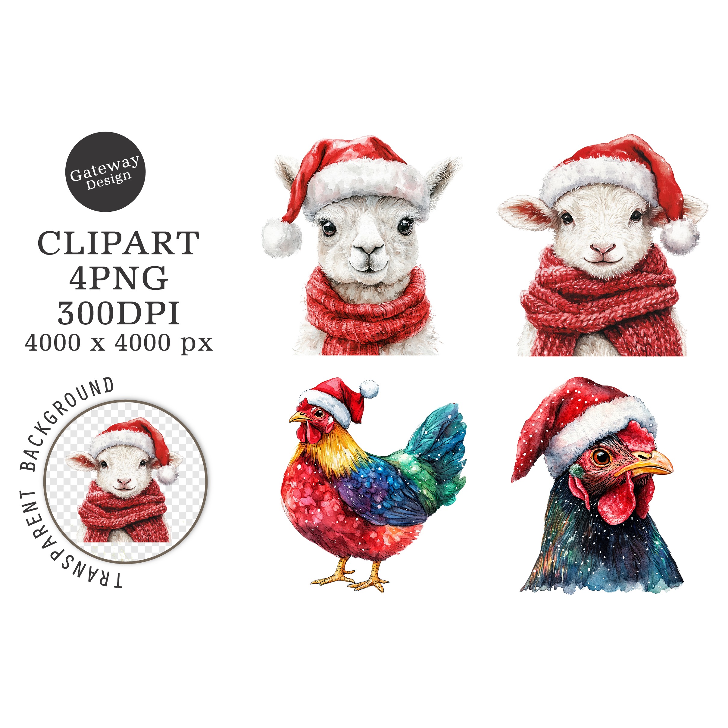 Watercolor Christmas Farm Animals Clipart (2)