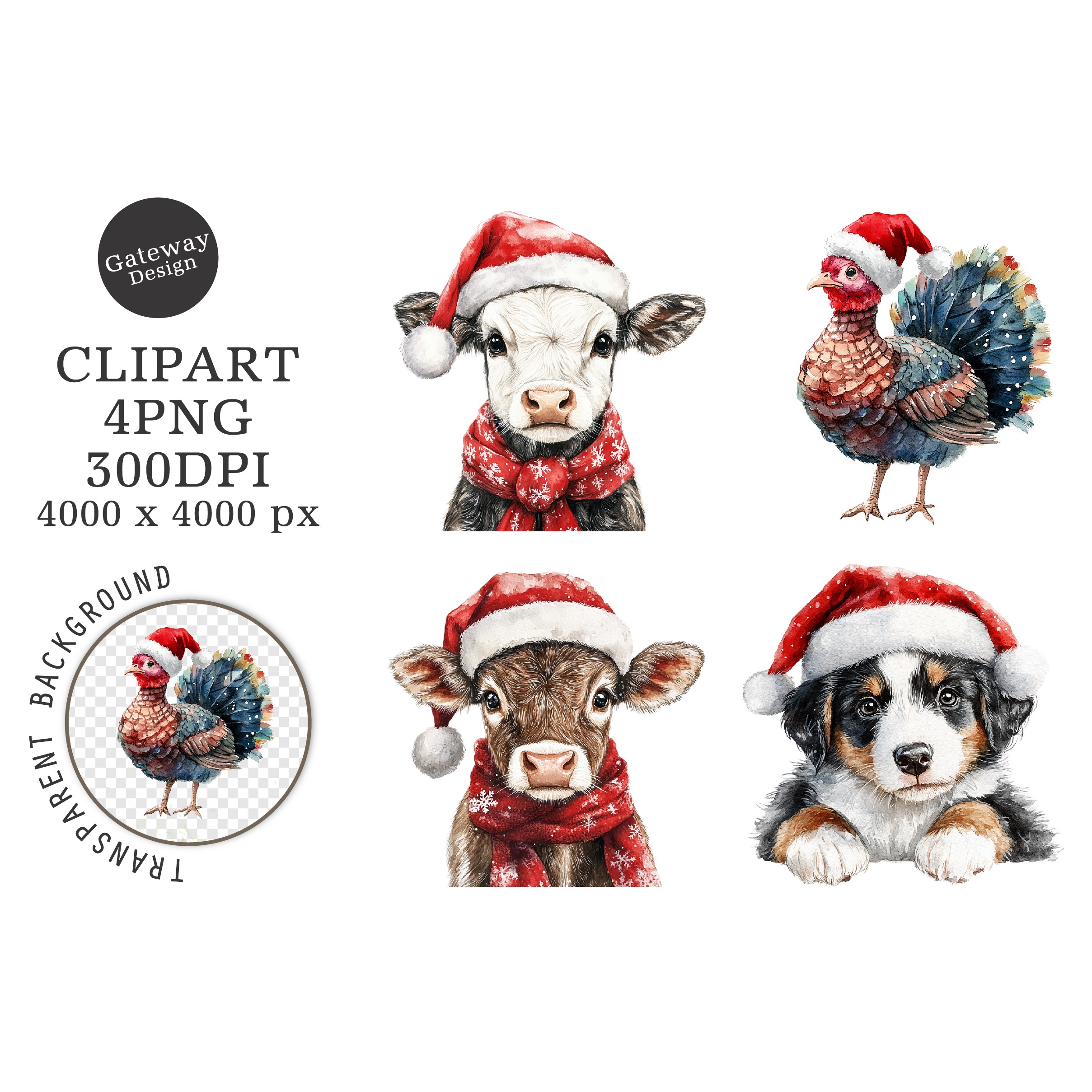 Watercolor Christmas Farm Animals Clipart (5)