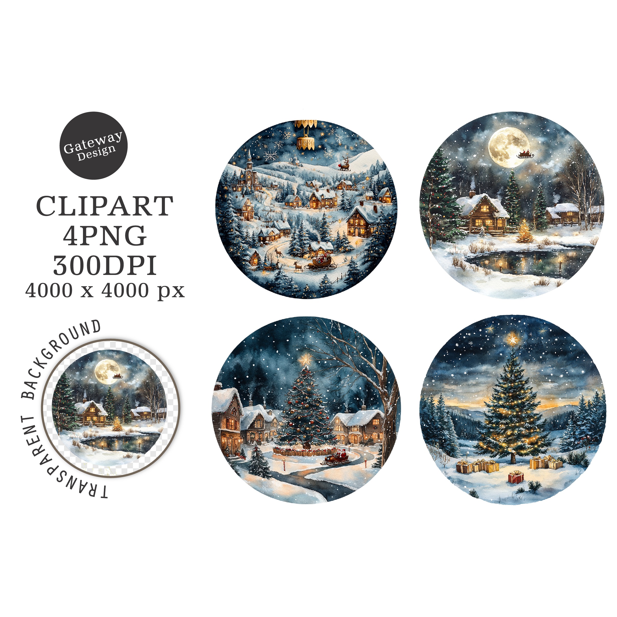 Watercolor Christmas Night Ornament Clipart