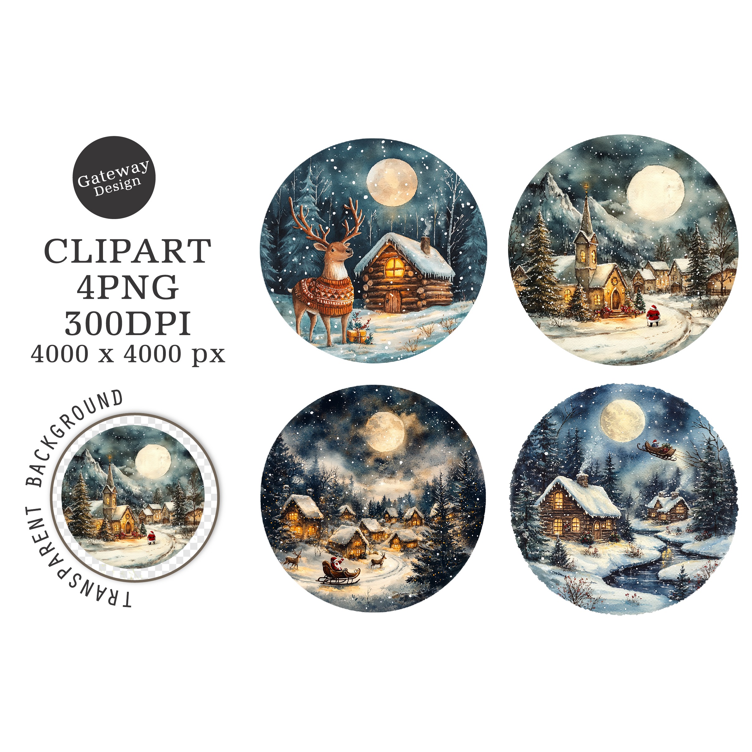 Watercolor Christmas Night Ornament Clipart (2)