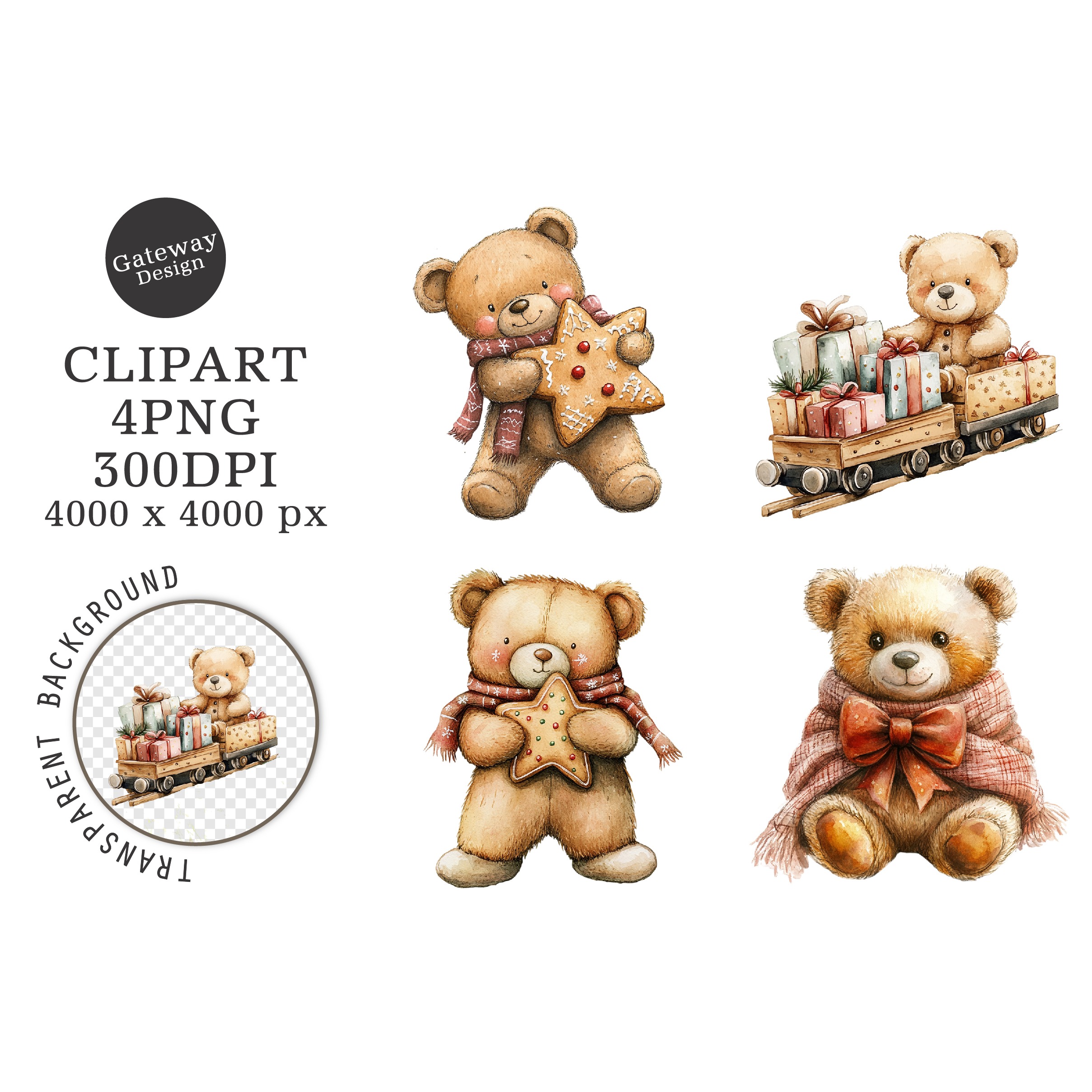 Watercolor Christmas Teddy Bear Clipart