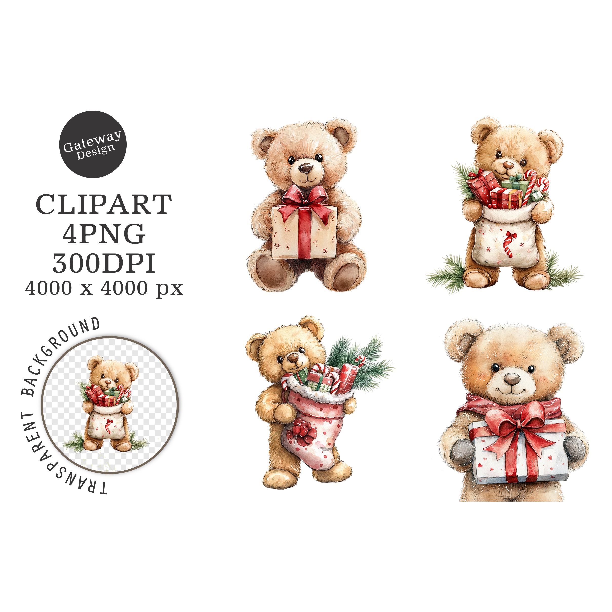 Watercolor Christmas Teddy Bear Clipart (2)