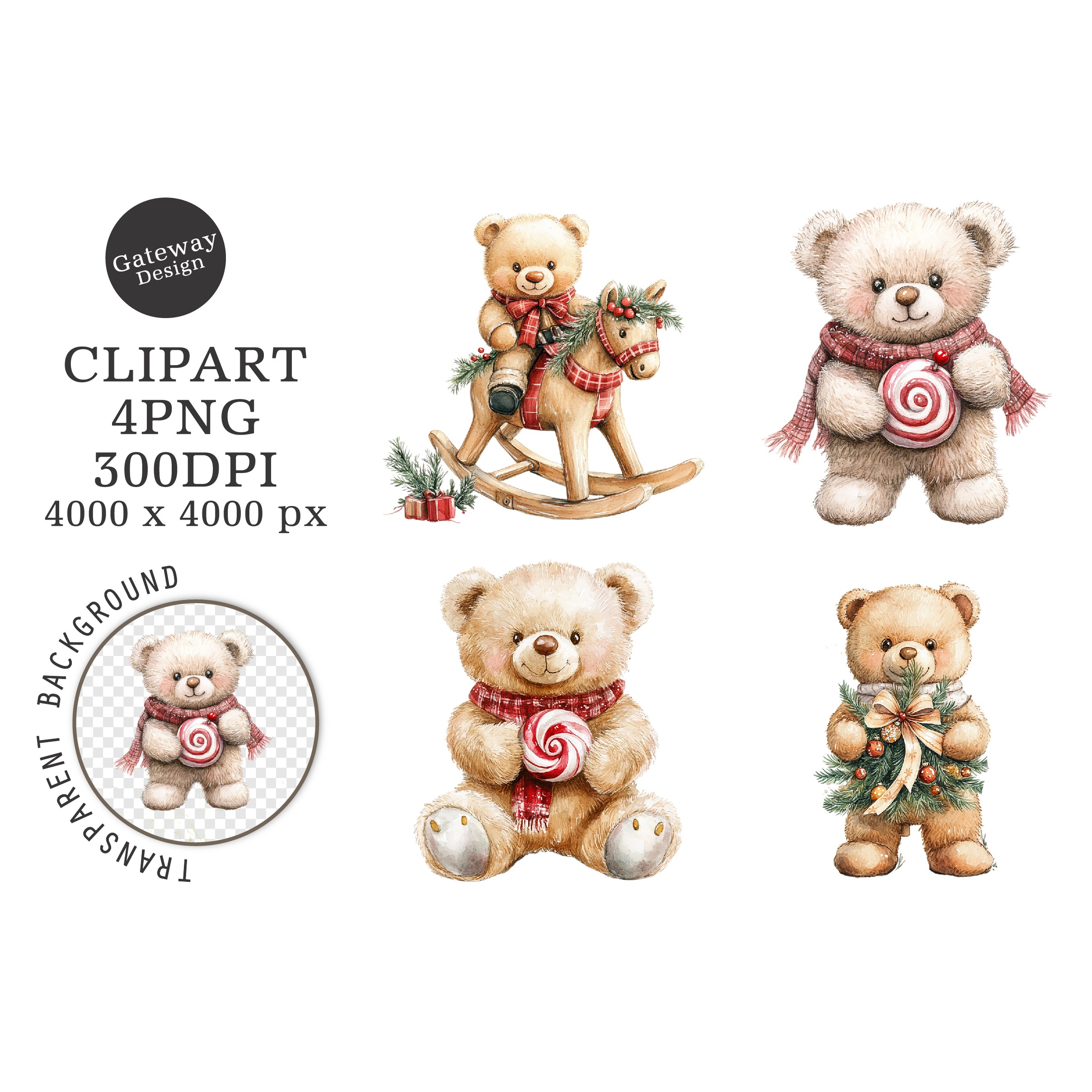 Watercolor Christmas Teddy Bear Clipart (3)