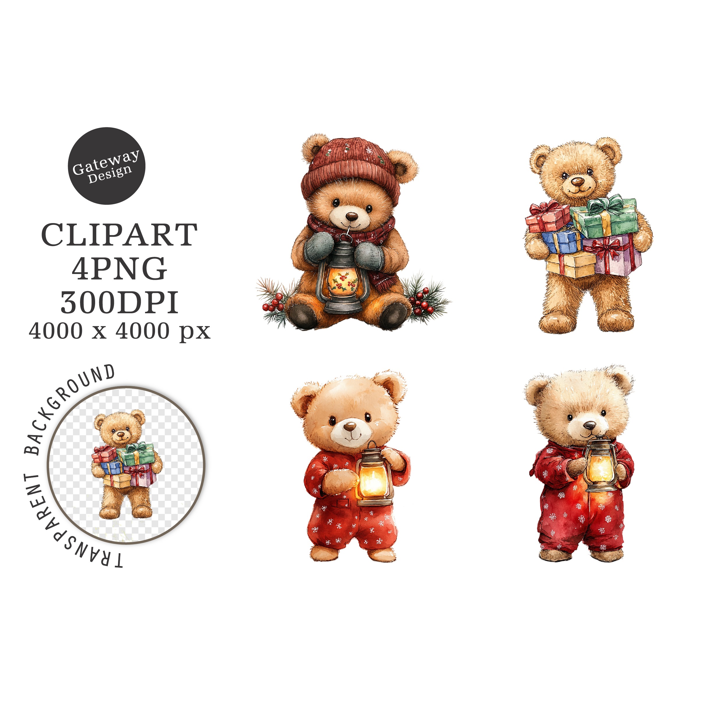 Watercolor Christmas Teddy Bear Clipart (4)