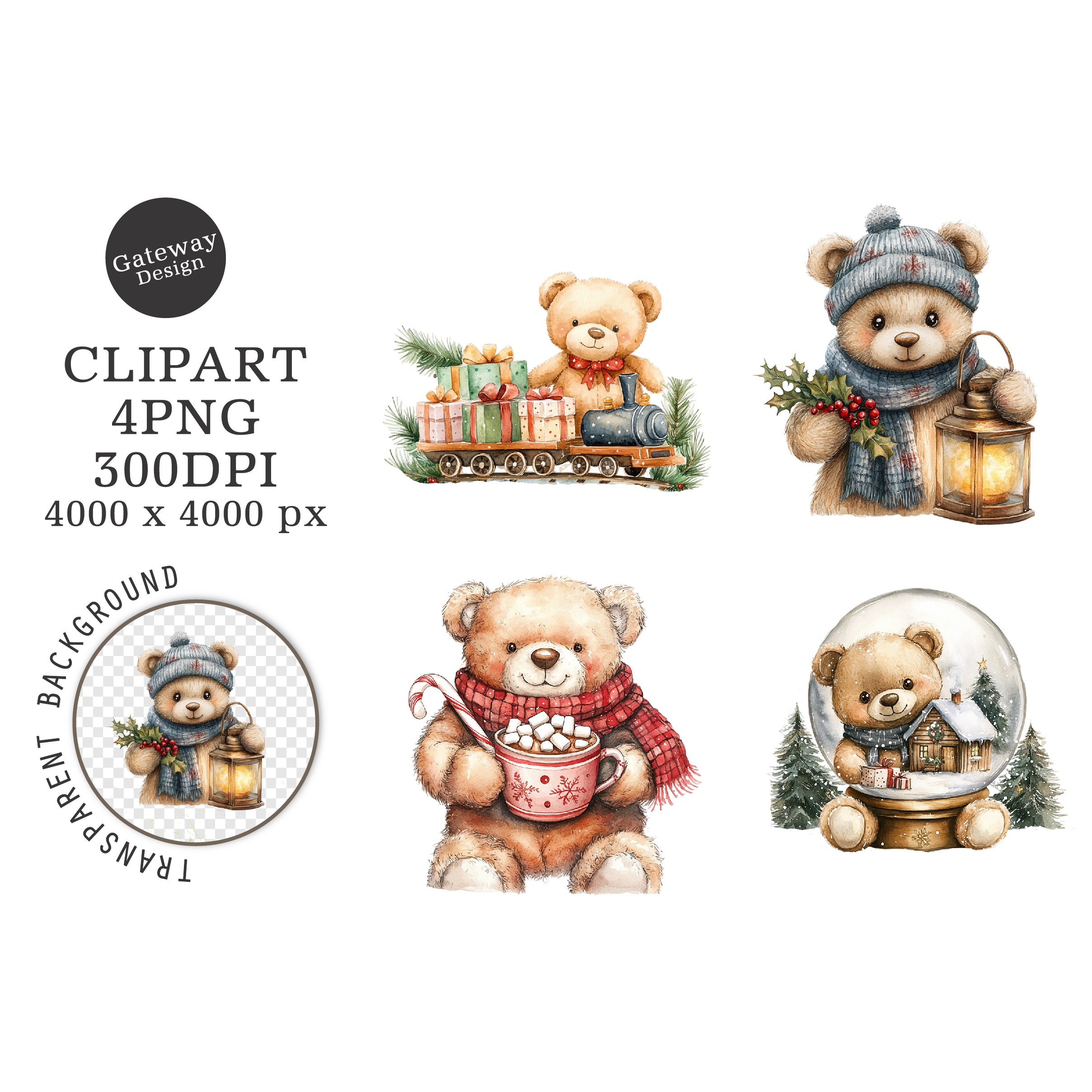 Watercolor Christmas Teddy Bear Clipart (5)