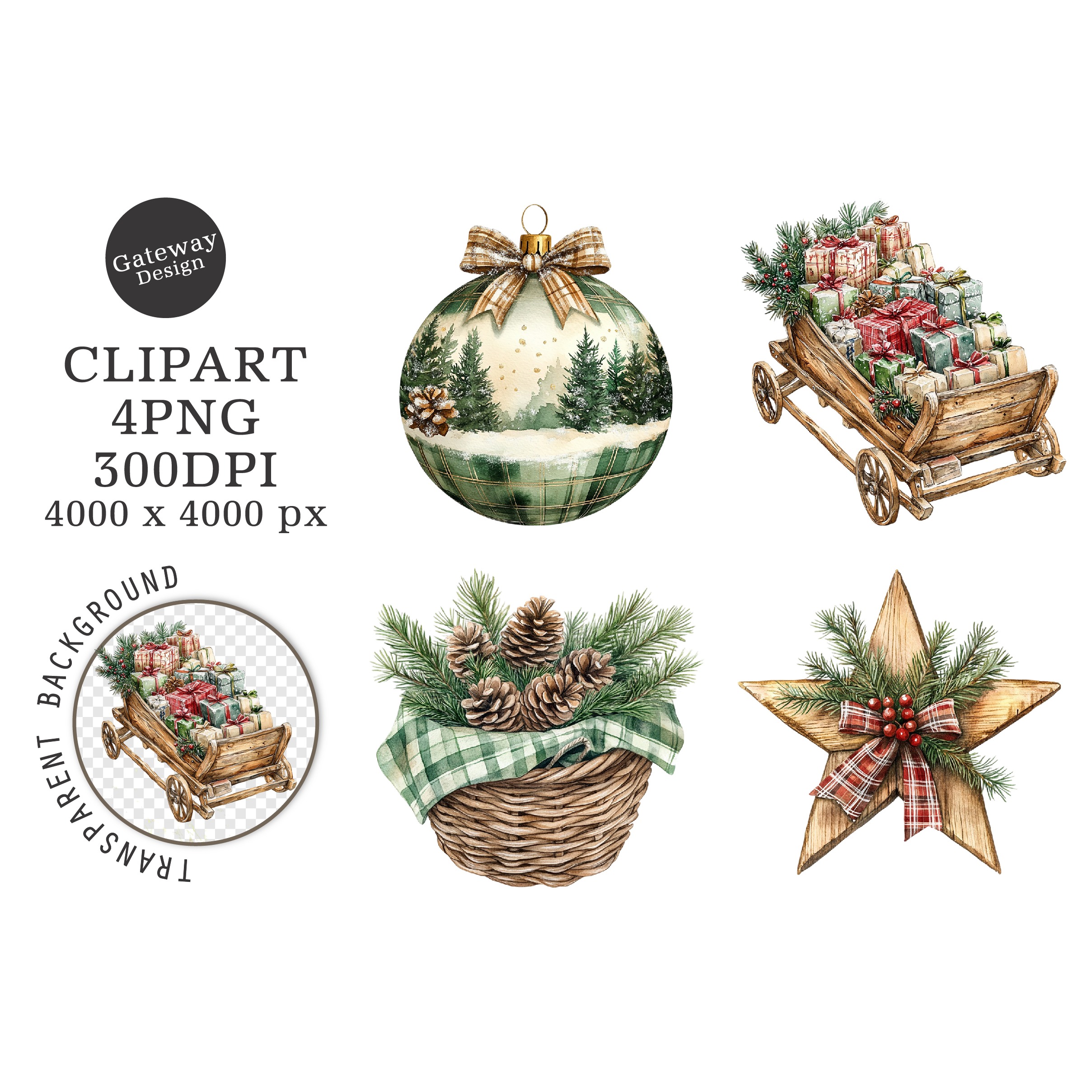 Watercolor Green Christmas Clipart