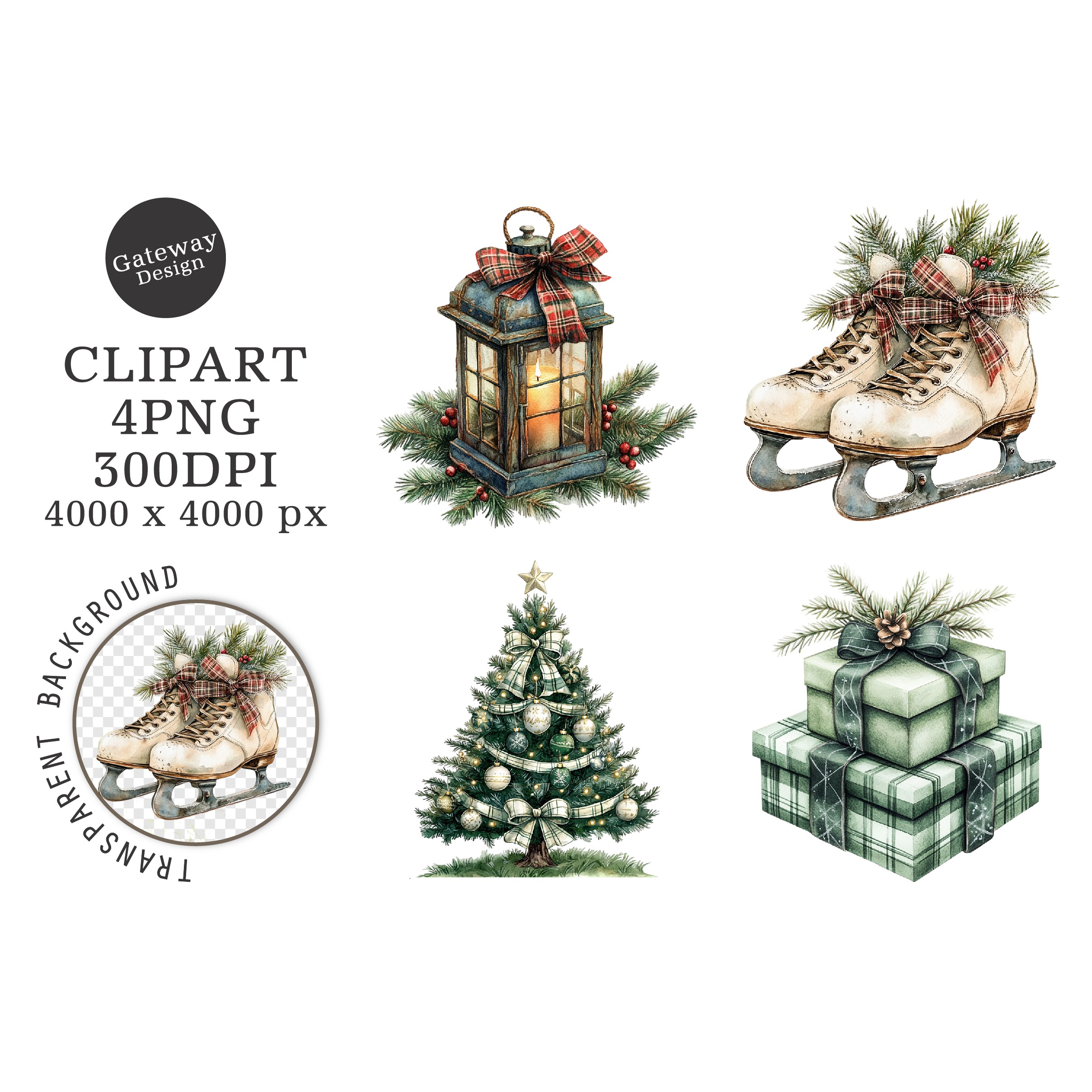 Watercolor Green Christmas Clipart (2)