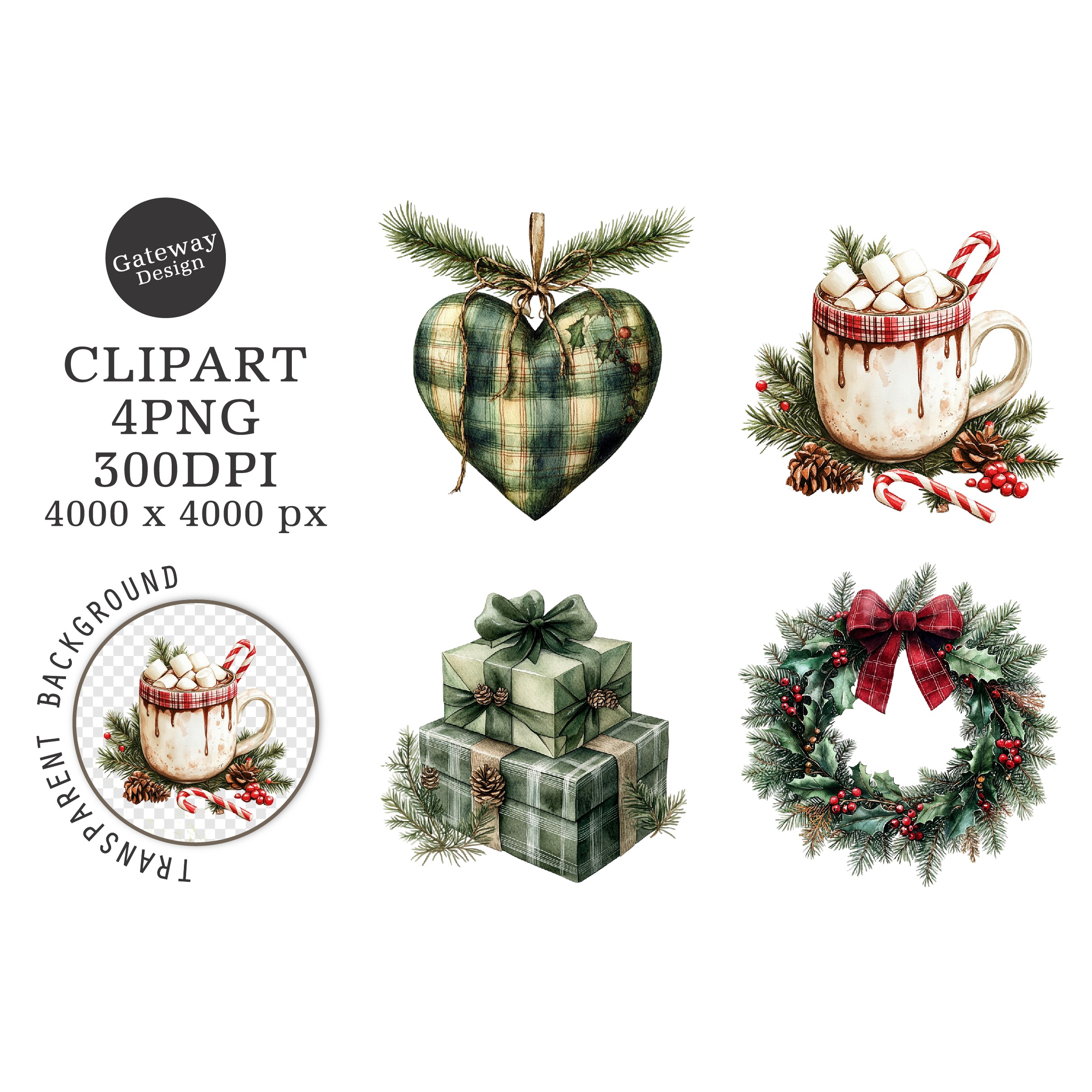 Watercolor Green Christmas Clipart (3)