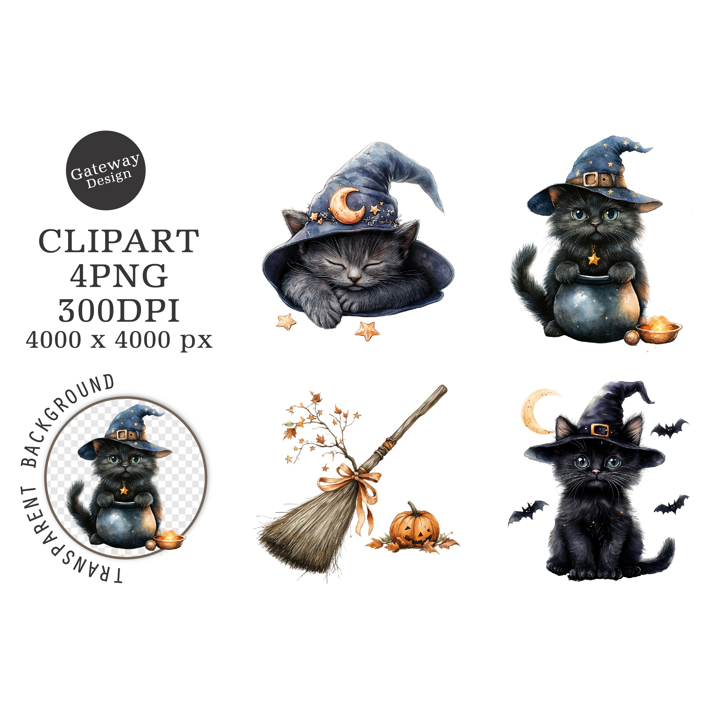 Watercolor Halloween Cat Clipart