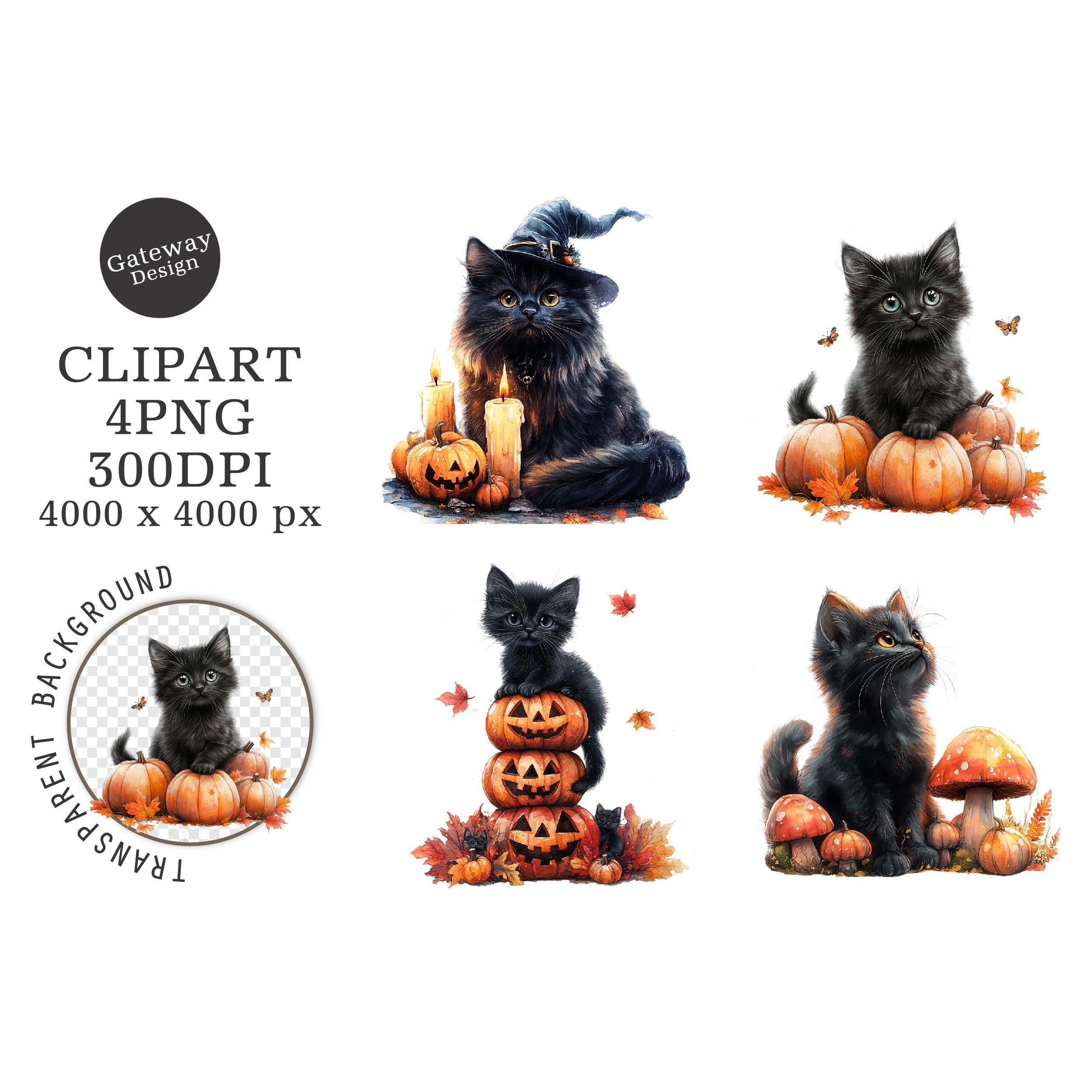 Watercolor Halloween Cat Clipart (2)