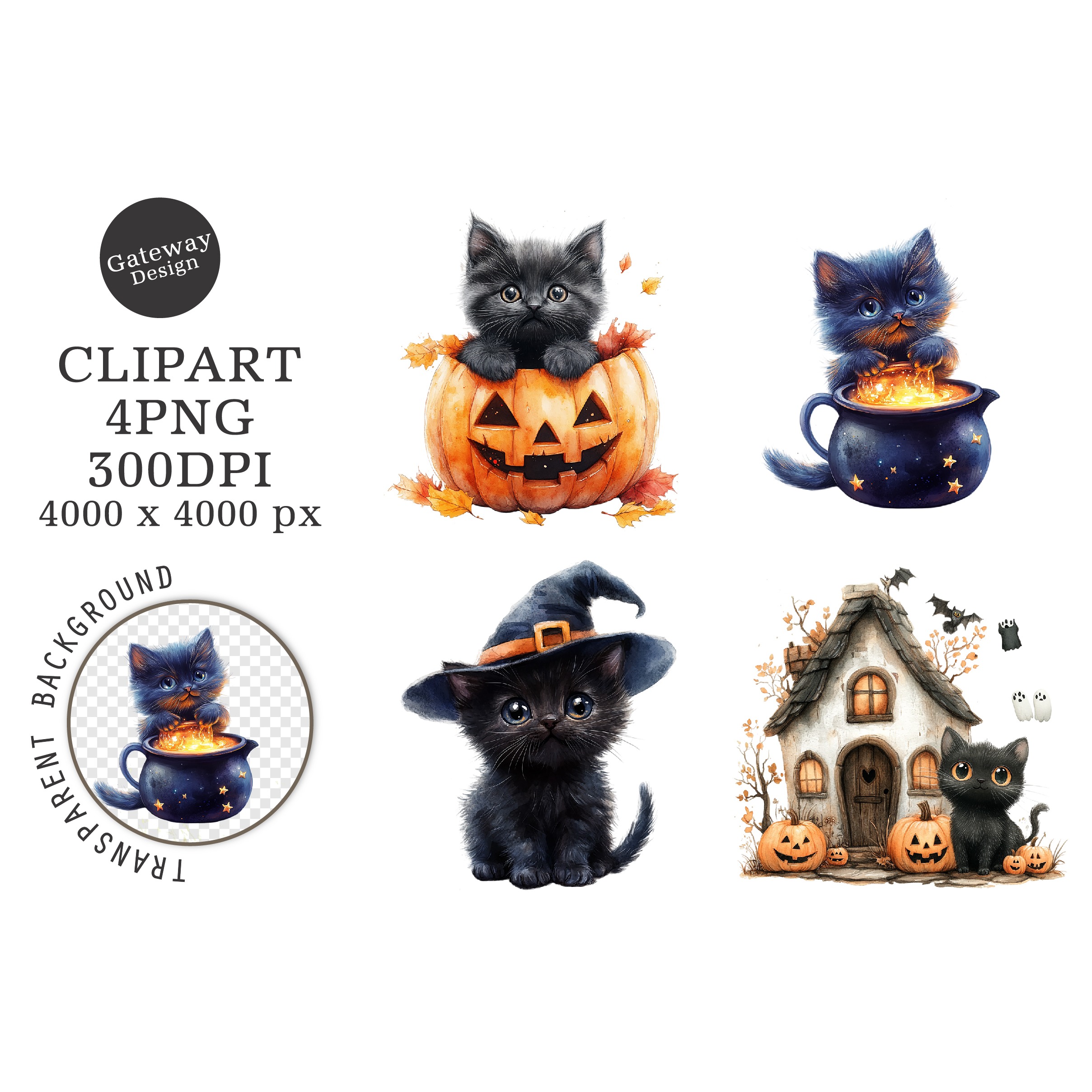 Watercolor Halloween Cat Clipart (3)