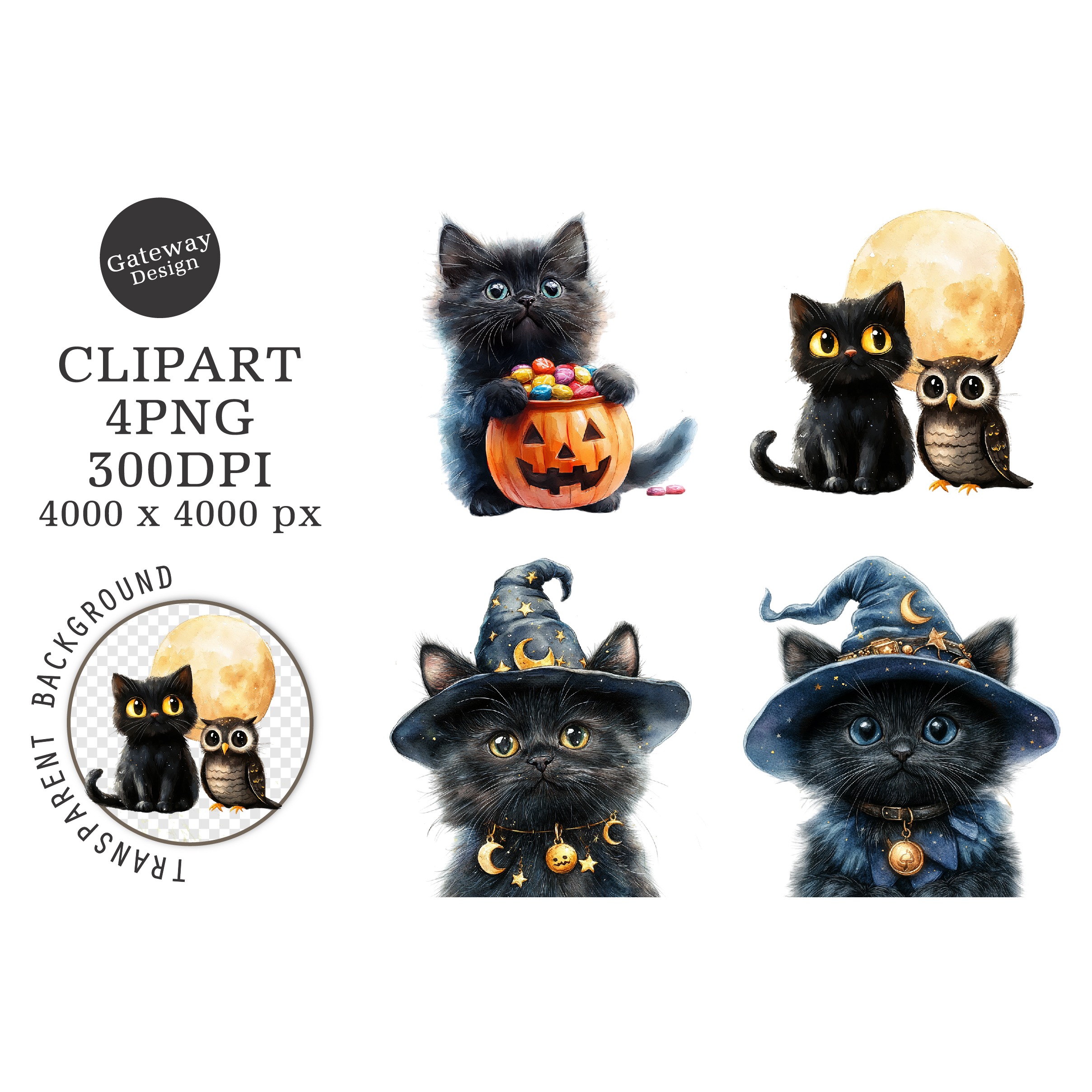 Watercolor Halloween Cat Clipart (4)