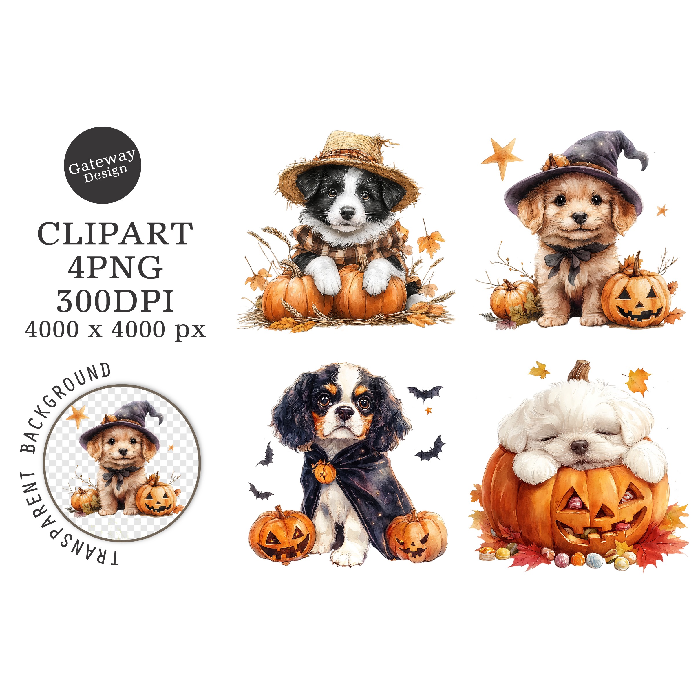Watercolor Halloween Dog Clipart