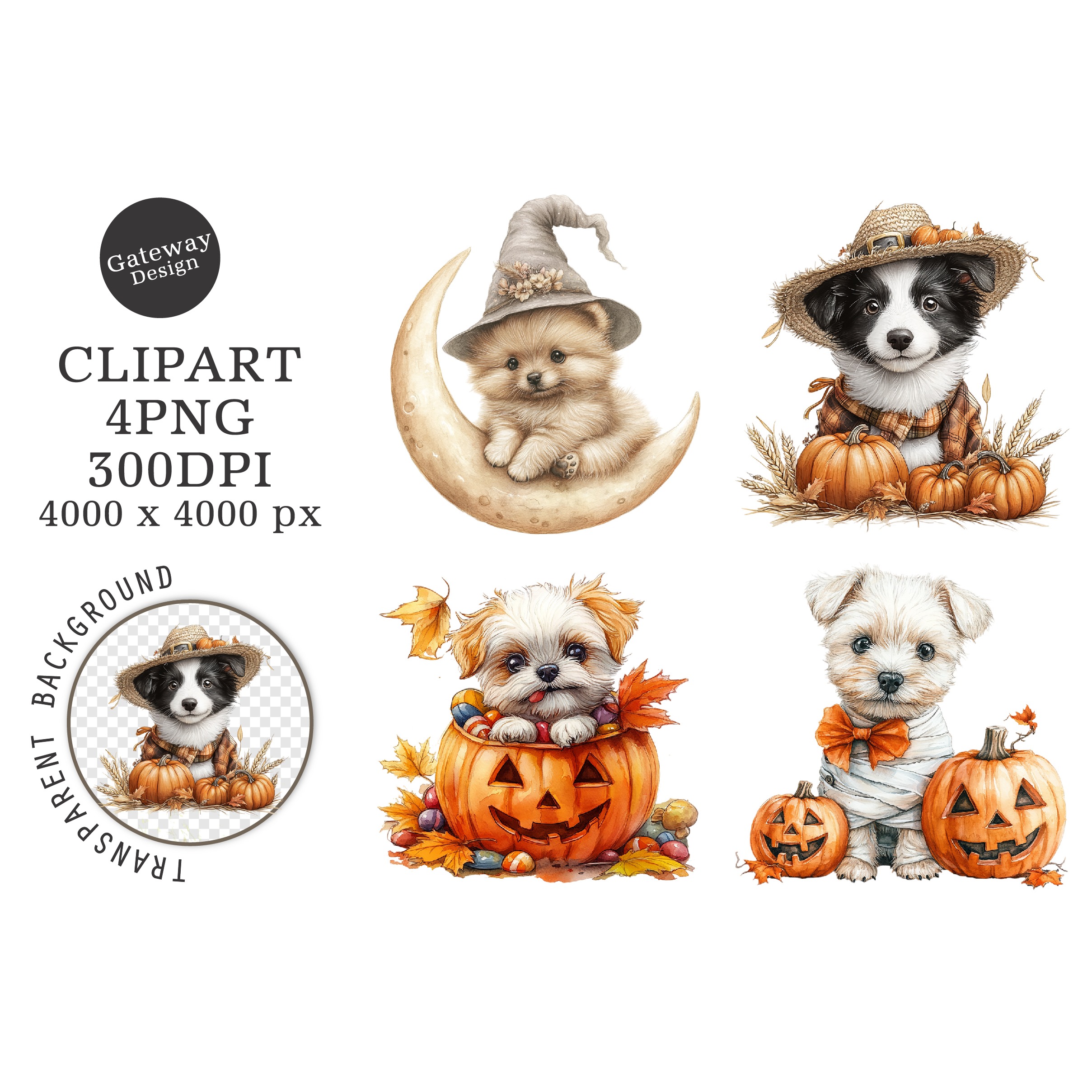 Watercolor Halloween Dog Clipart (2)