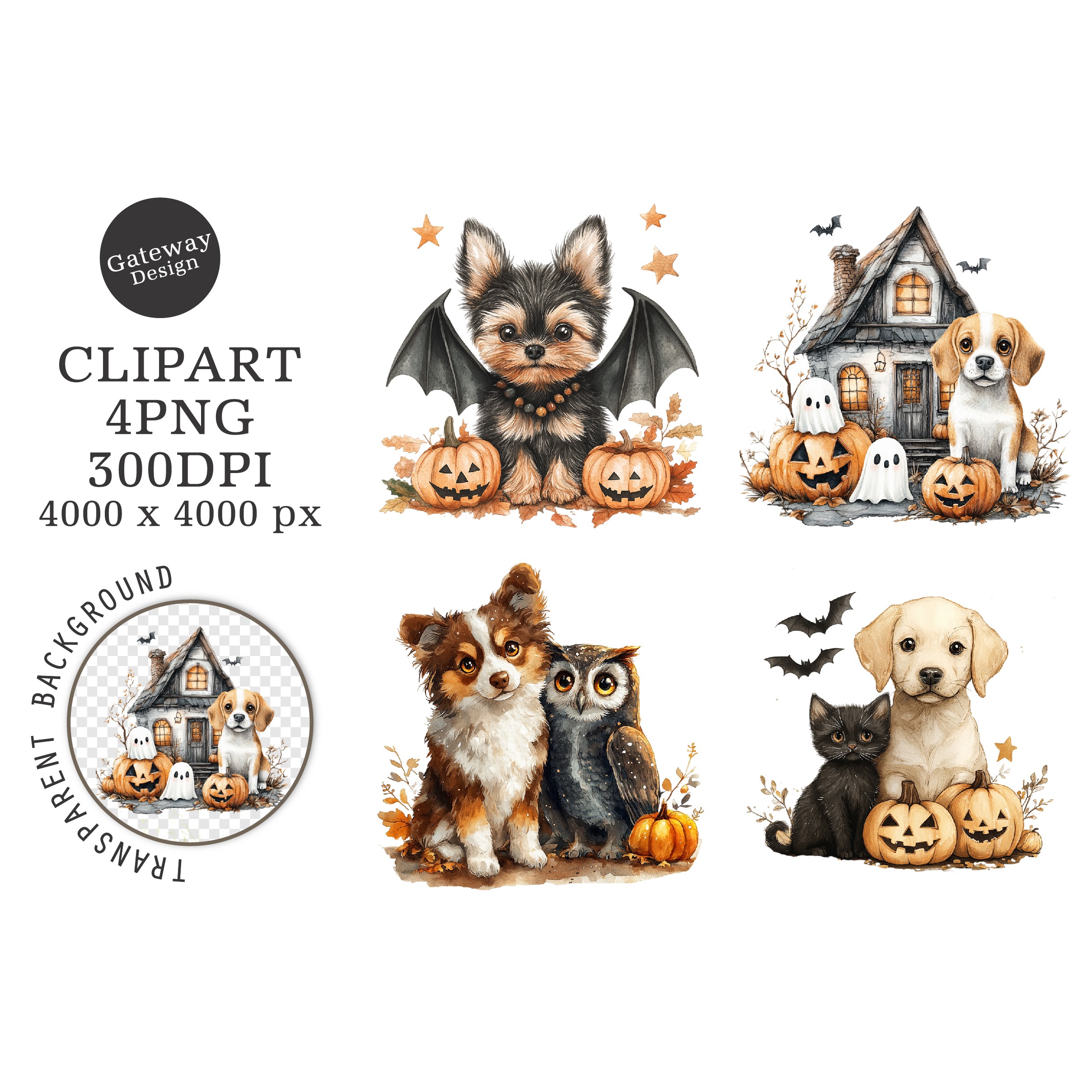 Watercolor Halloween Dog Clipart (4)