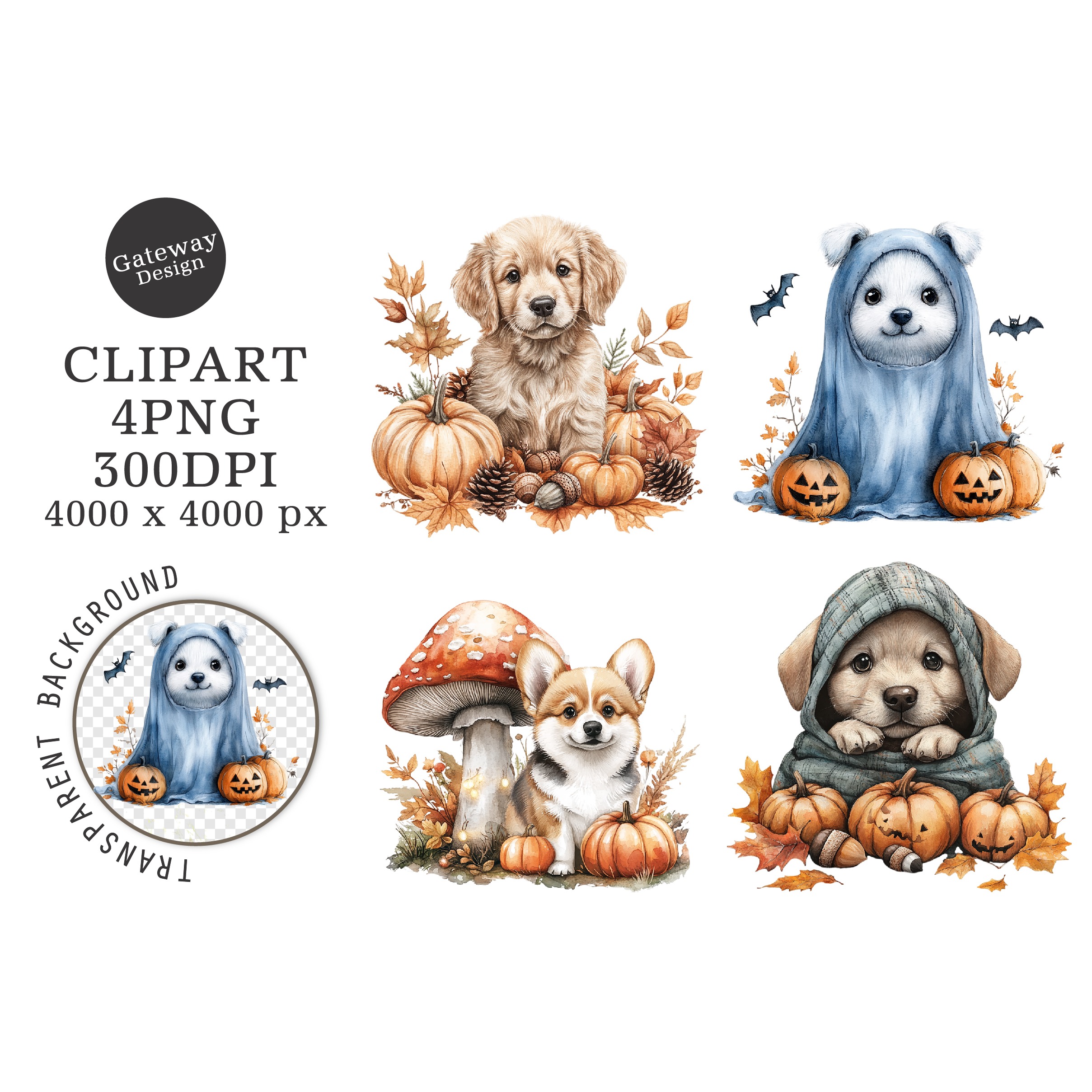 Watercolor Halloween Dog Clipart (5)