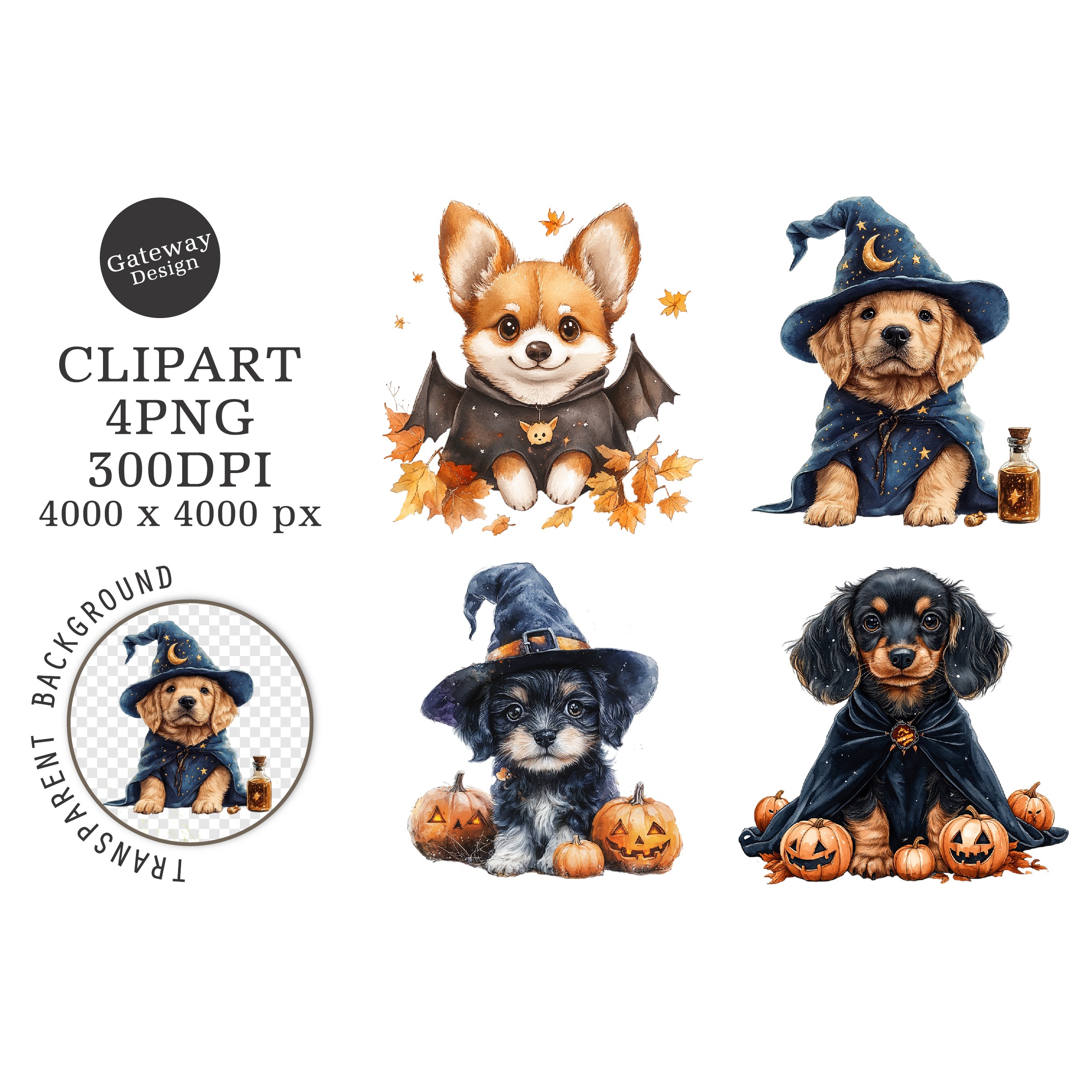 Watercolor Halloween Dogs Clipart